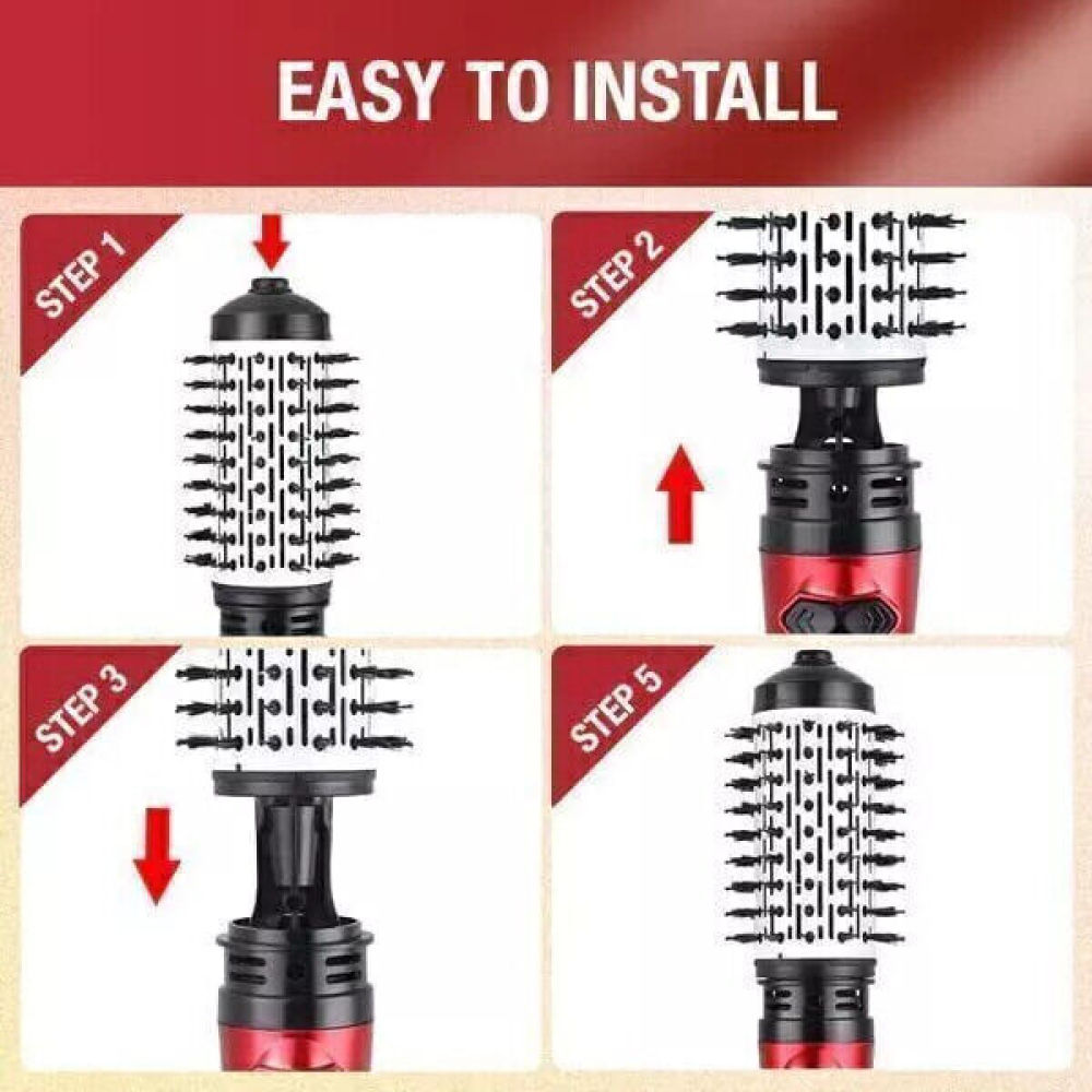 Anleitung zur Installation eines Haarstyling-Werkzeugs, die die Schritte 1, 2, 3 und 5 zeigt. Das Werkzeug ist schwarz und rot.