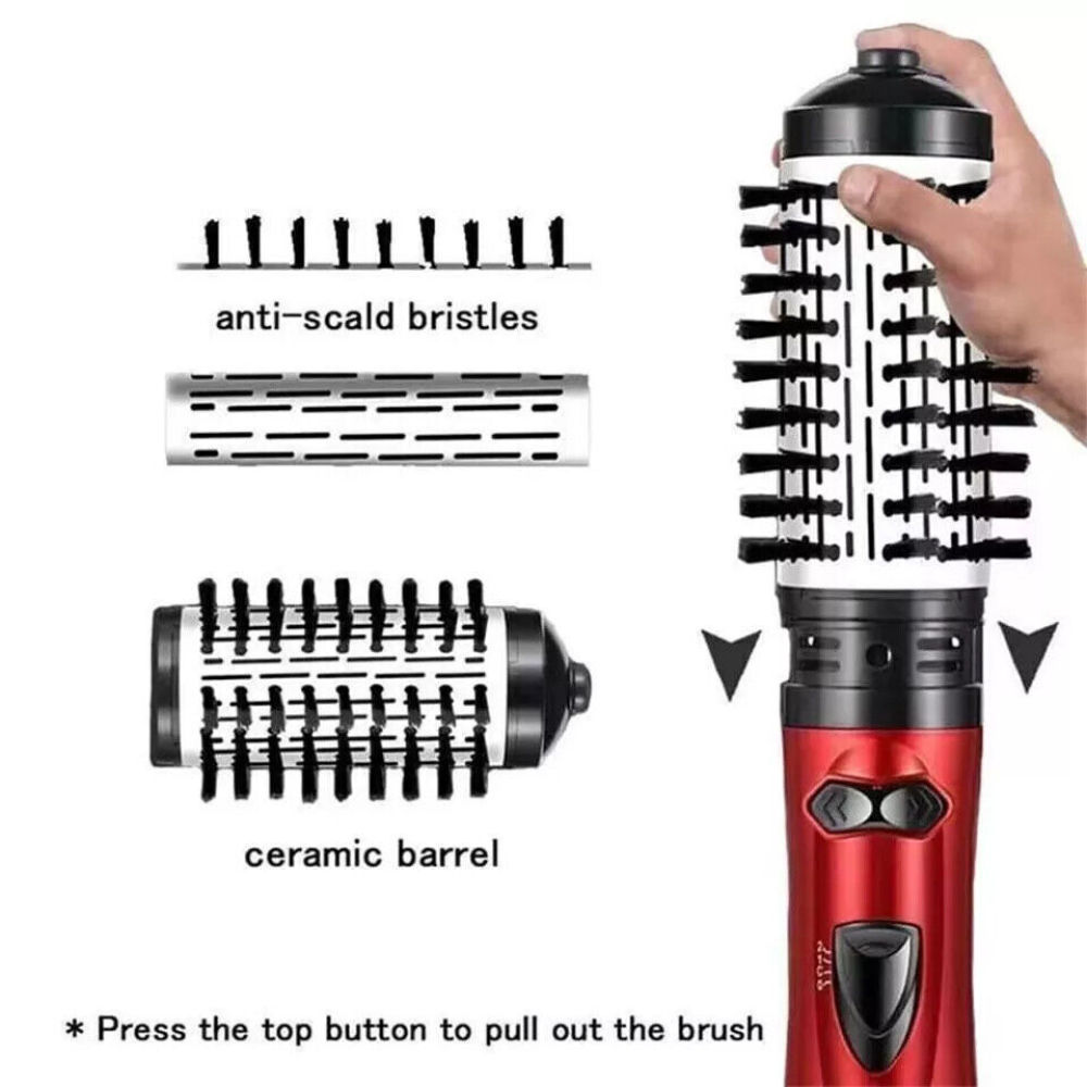 Haarstyling-Werkzeug. Beschriftete Teile: Verbrühungsschutzborsten, Keramiklauf. Die Bürste wird zerlegt. Rotes und schwarzes Farbschema.