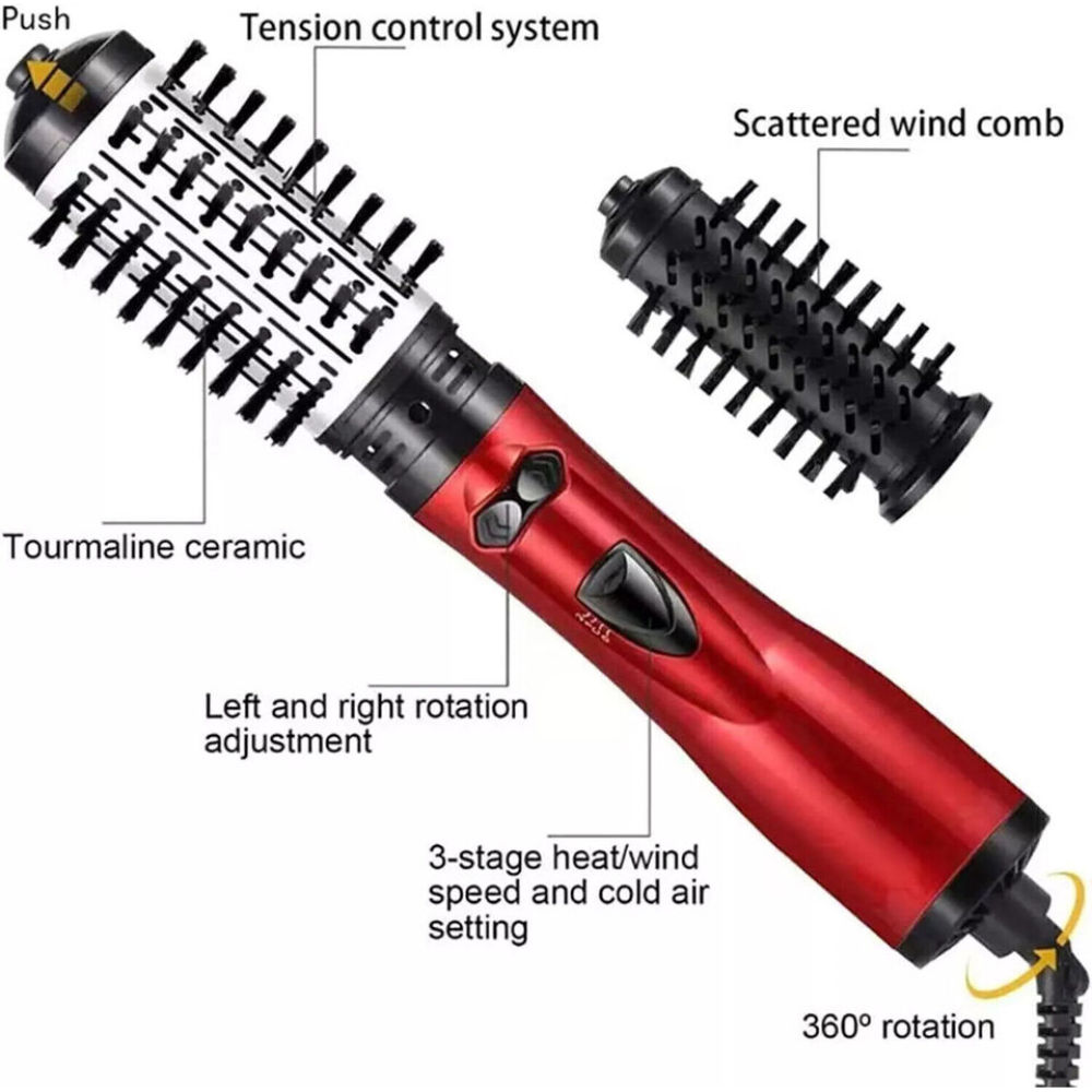 Ein roter Haarstyler mit abnehmbarem Kamm, beschriftet mit 'Turmalinkeramik', '360° Drehung' und '3-stufiger Wärme/Wind Geschwindigkeit'.
