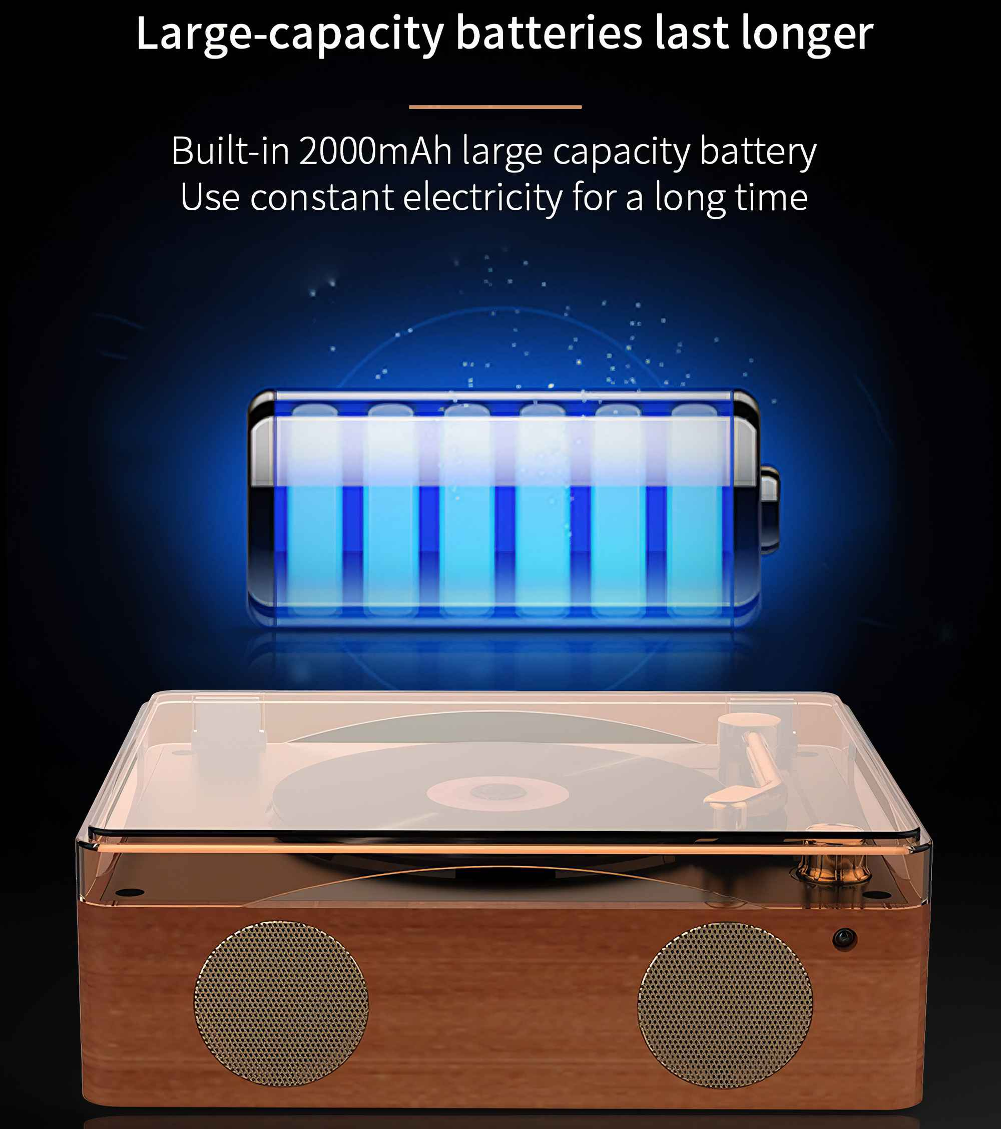 Das Bild zeigt einen hölzernen Plattenspieler mit einem Batteriesymbol darüber. Text sagt, dass Batterien mit großer Kapazität länger halten.