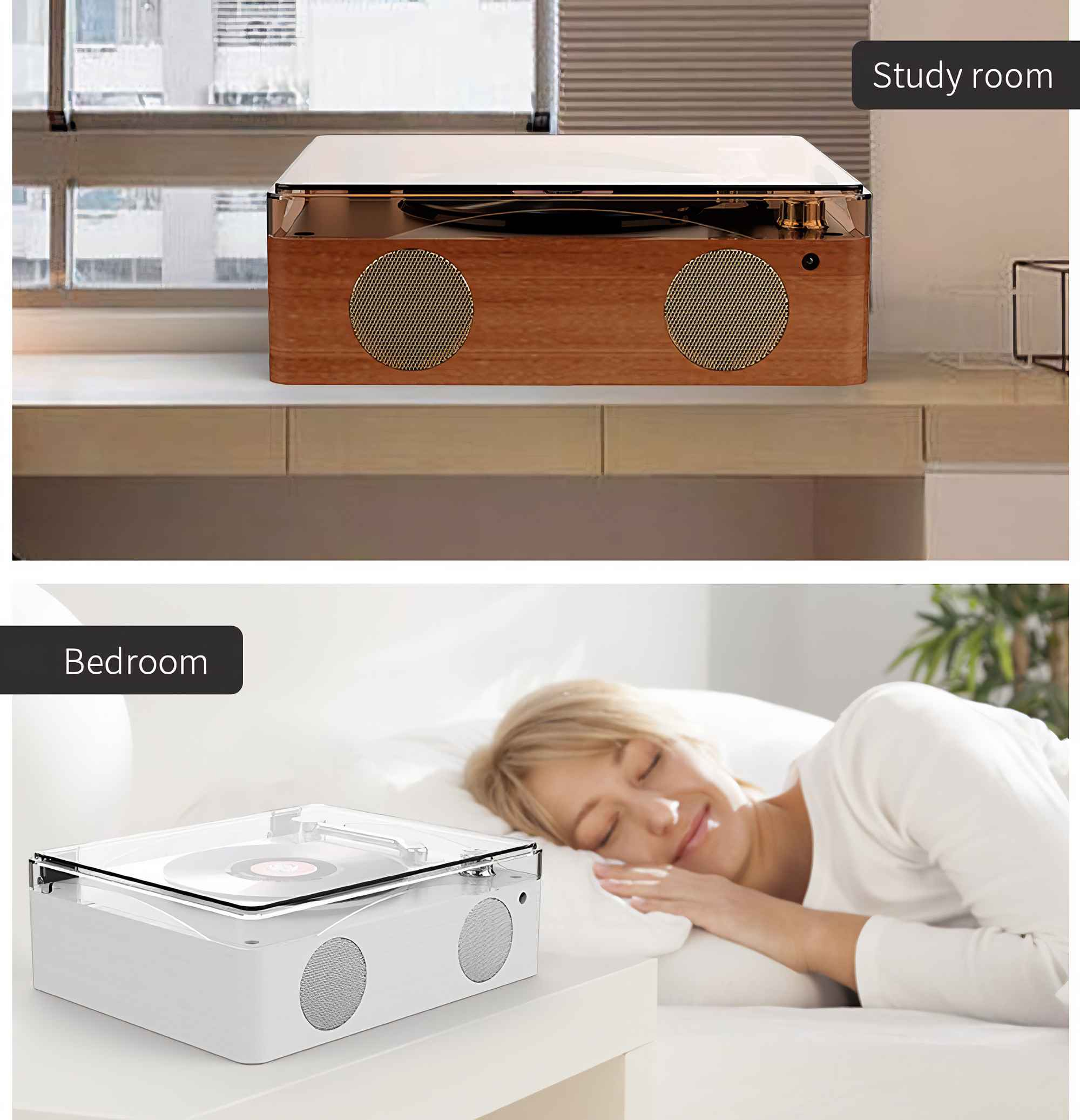 Ein Plattenspieler in einem Arbeitszimmer und einem Schlafzimmer. Einer ist aus Holz, der andere weiß. Eine Frau schläft im Bett.