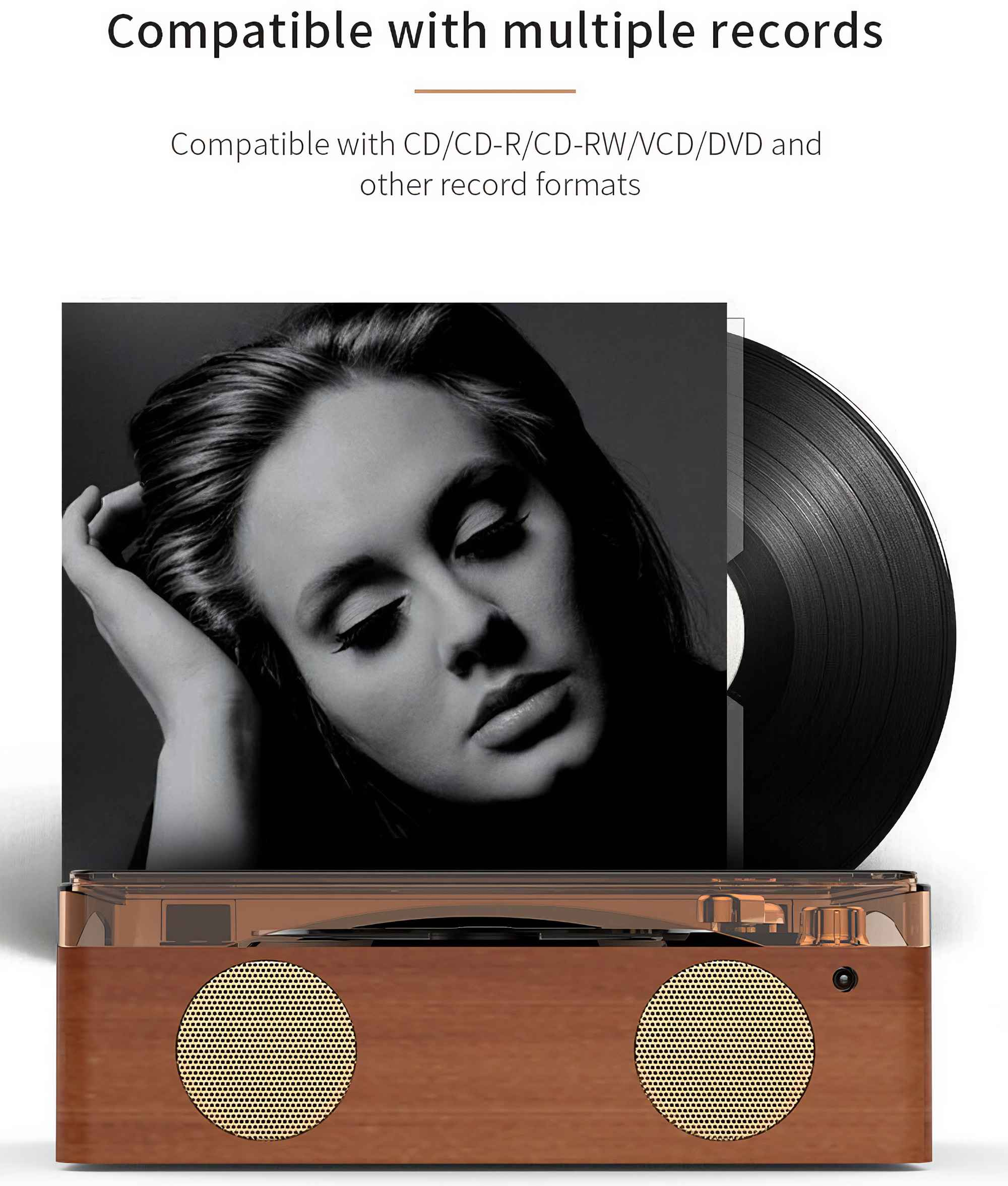 Plattenspieler mit Vinylplatte, Frauengesicht auf der Plattenhülle und Text zur Kompatibilität.