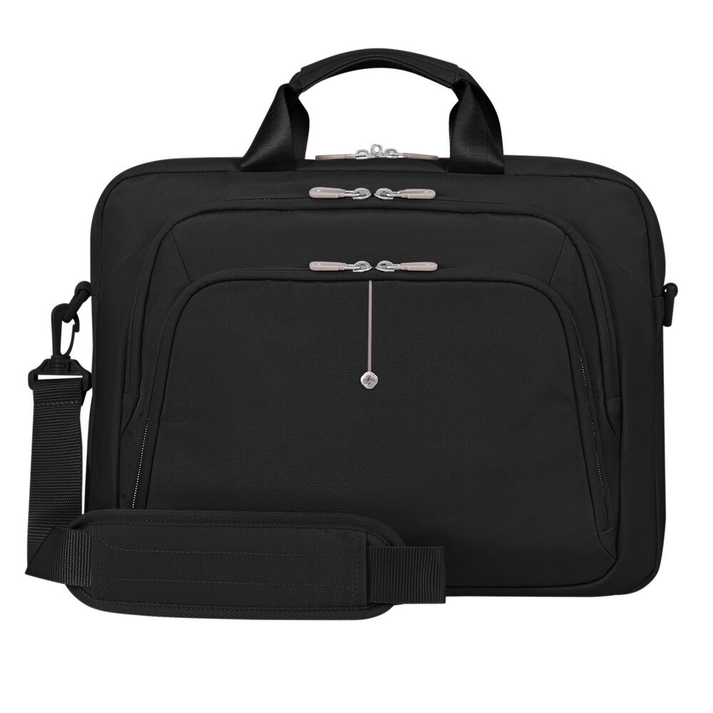 Una valigetta nera Samsonite con tracolla, manico e cerniere è in mostra.