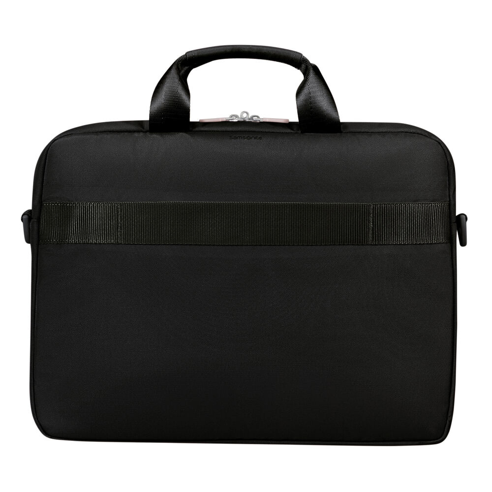 Una borsa per laptop Samsonite nera. Ha una maniglia in alto e una cinghia al centro. La cerniera è visibile.