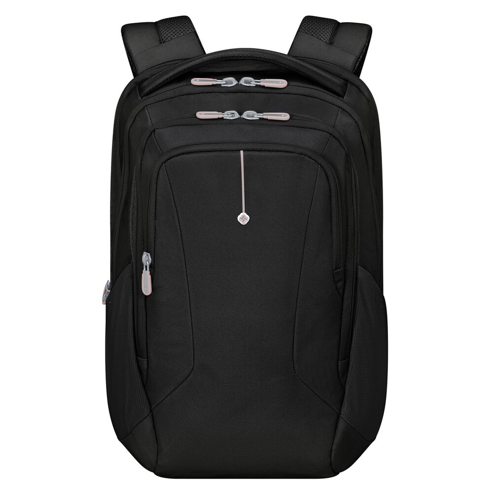 Ein schwarzer Rucksack mit mehreren Fächern und Reißverschlüssen. Er hat gepolsterte Schultergurte und einen oberen Griff. Die Reißverschlüsse sind rosa.