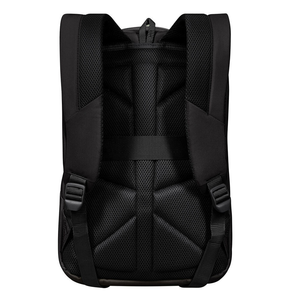 Schwarzer Rucksack von hinten. Er hat gepolsterte Schultergurte, eine gepolsterte Rückenpartie und mehrere verstellbare Gurte und Schnallen.