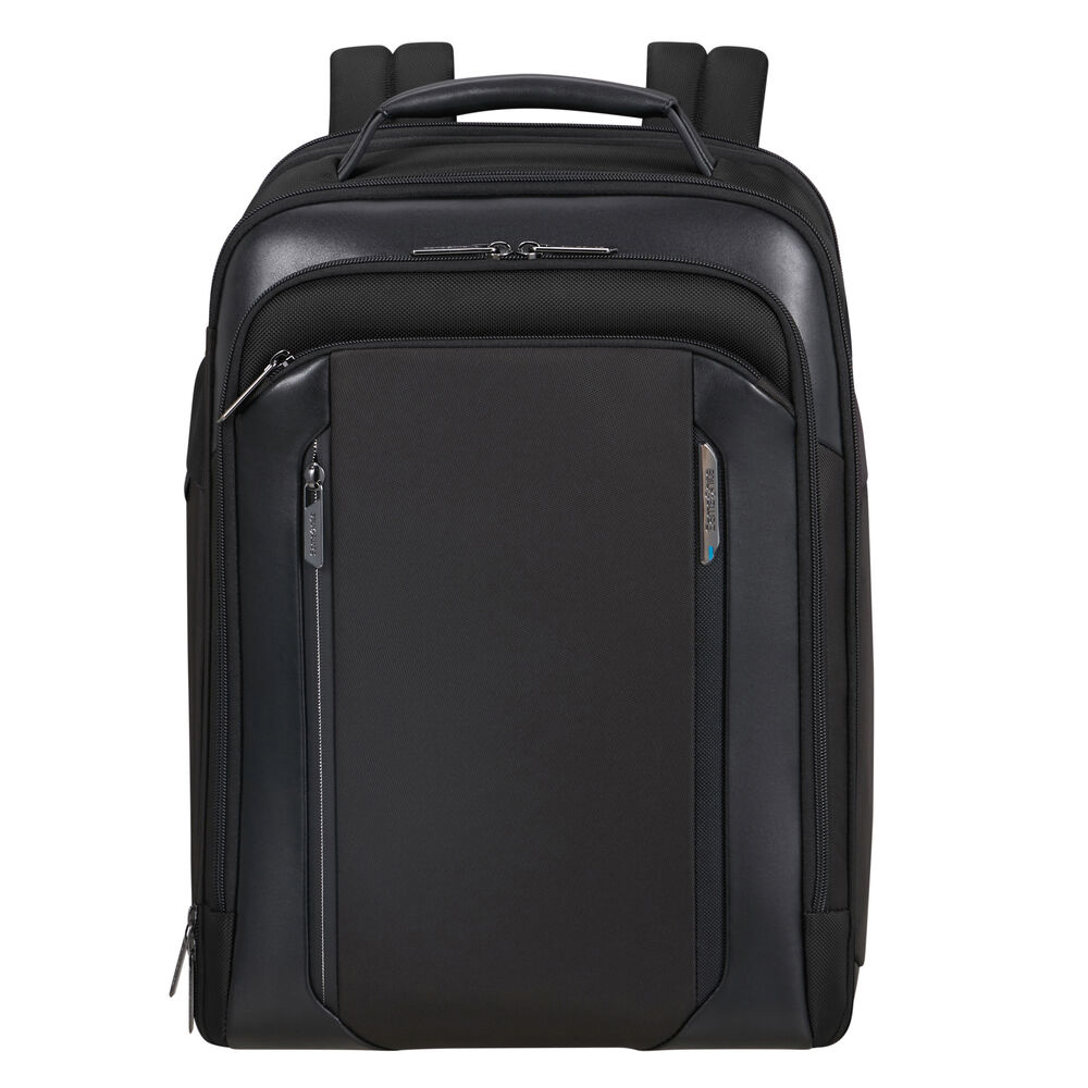 Uno zaino Samsonite nero con più scomparti e cerniere. Ha maniglia e spallacci.