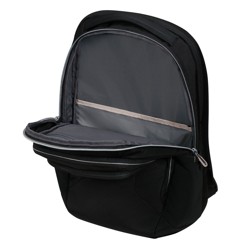 Schwarzer Rucksack, teilweise geöffnet, zeigt Innenfächer. Reißverschlüsse und ein kontrastreiches helles Innere sind sichtbar.