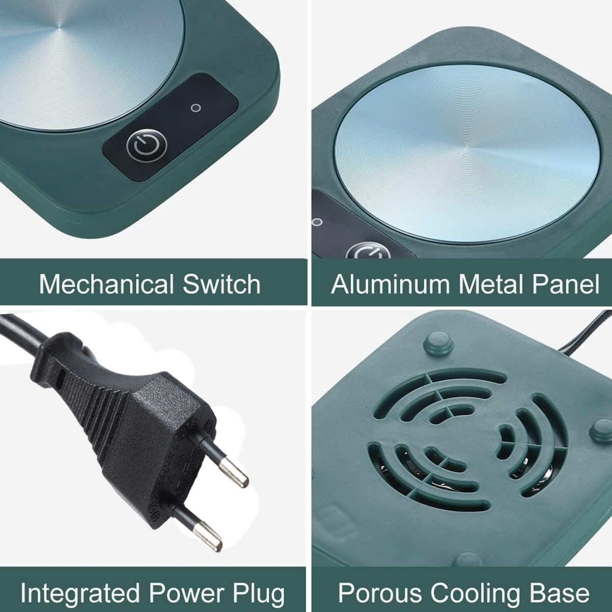 Ein teal quadratischer Untersetzer mit Aluminiumplatte. Er hat einen Einschaltknopf, einen Netzstecker und eine poröse Kühlbasis.
