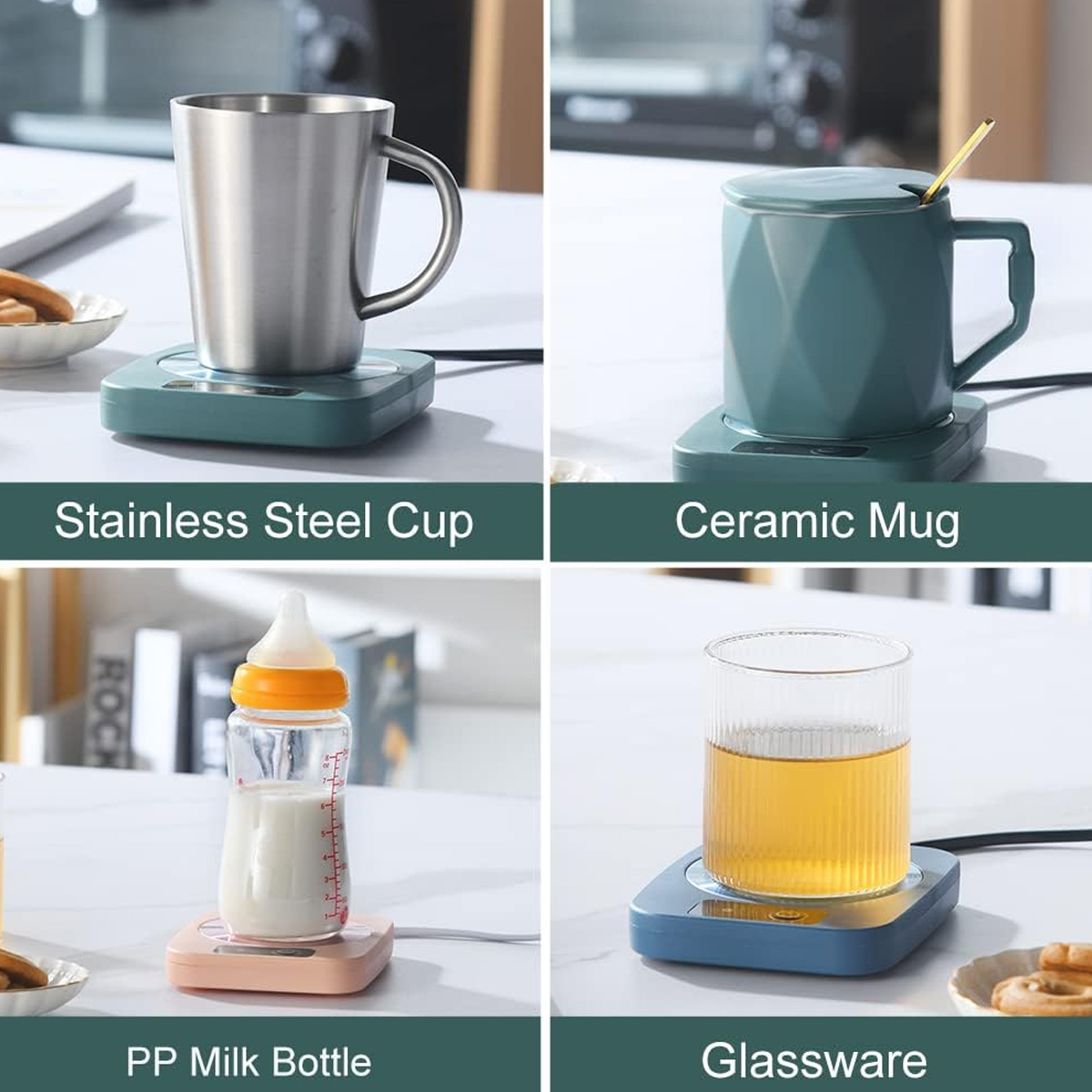 Vier Bilder: Edelstahlbecher, Keramikbecher, Milchflasche und Glaswaren, alle auf Heizkissen. Esswaren sind im Hintergrund.