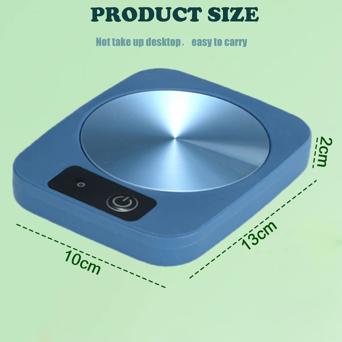 Ein blaues quadratisches Produkt mit silbernem Mittelteil. Es hat einen Einschaltknopf und Abmessungen von 10cm x 13cm x 2cm. Text: 'Produktgröße'.