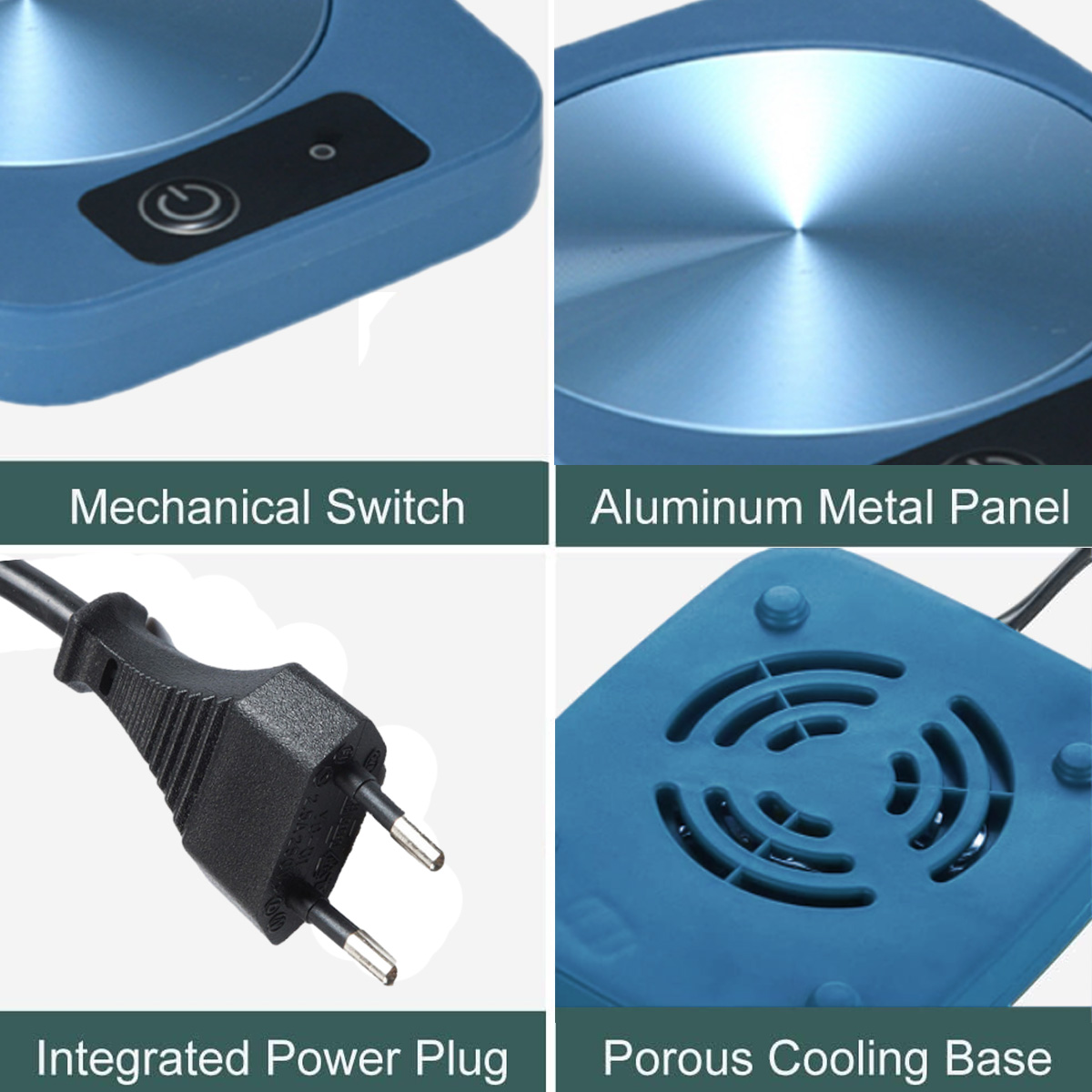 Das Bild zeigt ein blaues Gerät mit mechanischem Schalter, Aluminiumplatte, Netzstecker und poröser Kühlbasis.