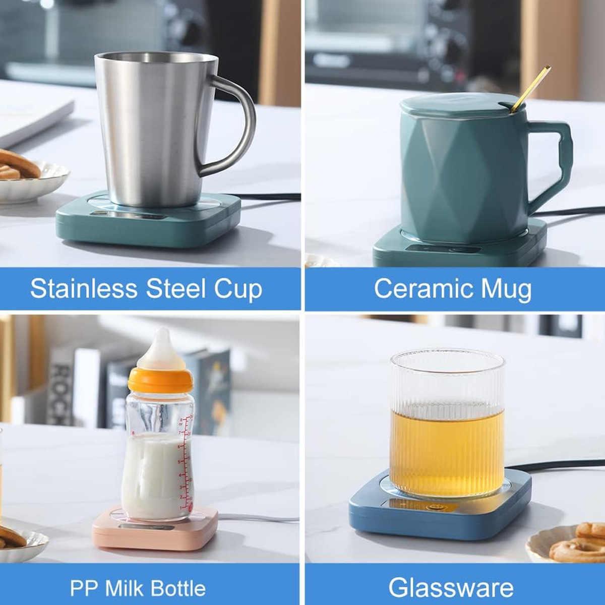 Vier Bilder: Edelstahlbecher, Keramikbecher, PP-Milchflasche und Glaswaren, jeweils auf einem Wärmer. Beschriftungen unter jedem Artikel.