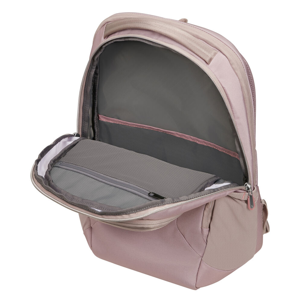 Offener rosa Rucksack mit mehreren Fächern. Innen sind graues Futter und eine Reißverschlusstasche sichtbar. Griff oben.