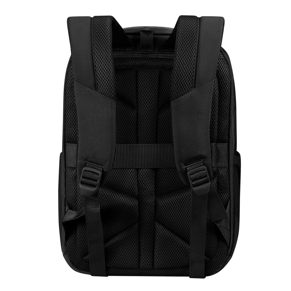 Rückansicht eines schwarzen Rucksacks mit gepolsterten Schultergurten, Mesh-Rückenteil und verstellbaren Gurten. Das Design priorisiert Komfort und Halt.