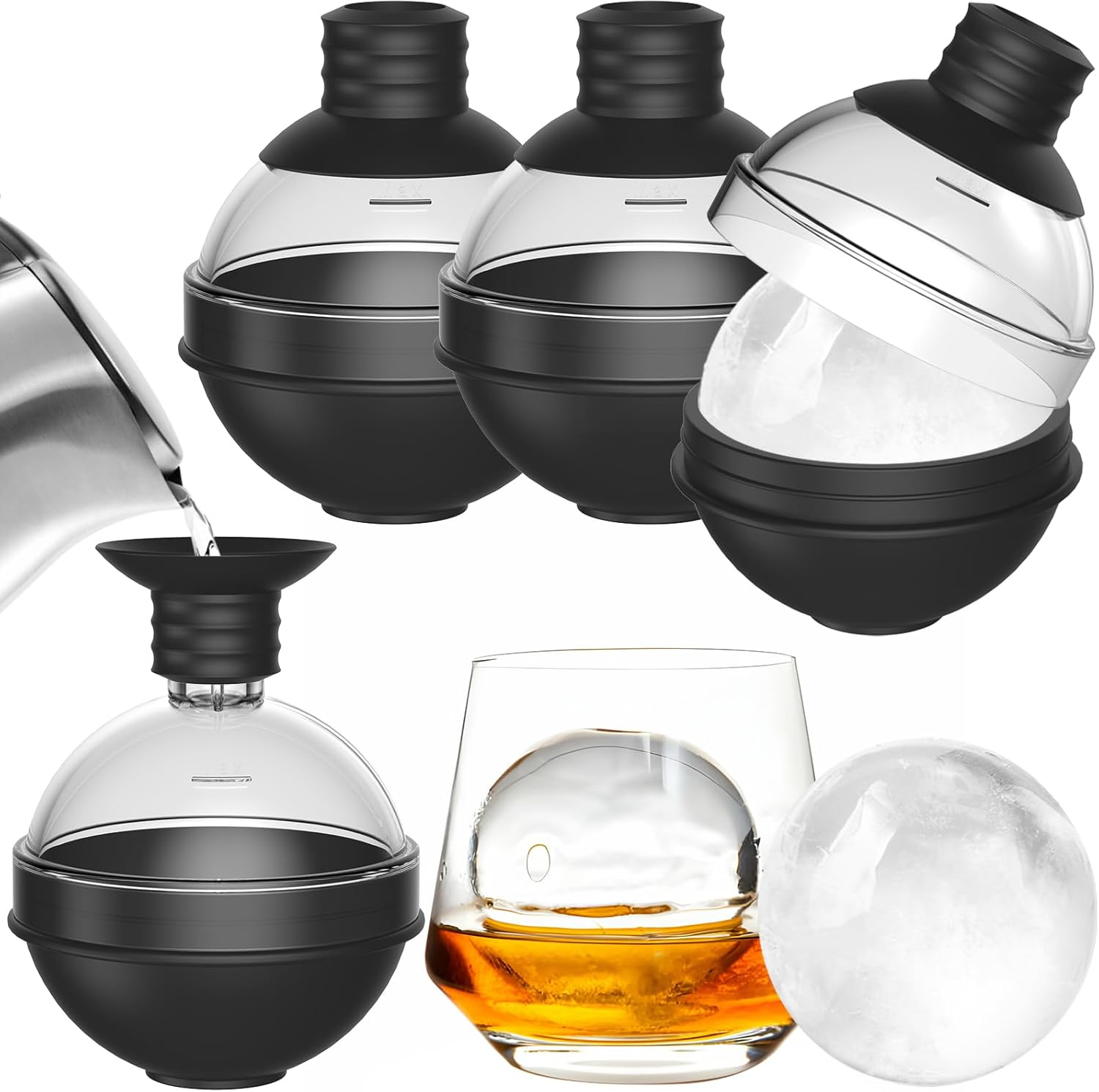 Mehrere Eisballmacher, ein Glas bernsteinfarbener Flüssigkeit mit einer Eiskugel und eine Eiskugel werden auf weißem Hintergrund dargestellt.