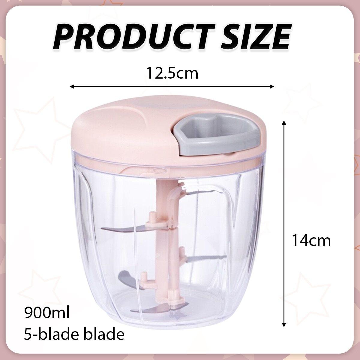 Ein rosa-klarer Zerkleinerer mit 5-Klingen, 900ml Fassungsvermögen und Abmessungen von 12,5cm x 14cm wird angezeigt.