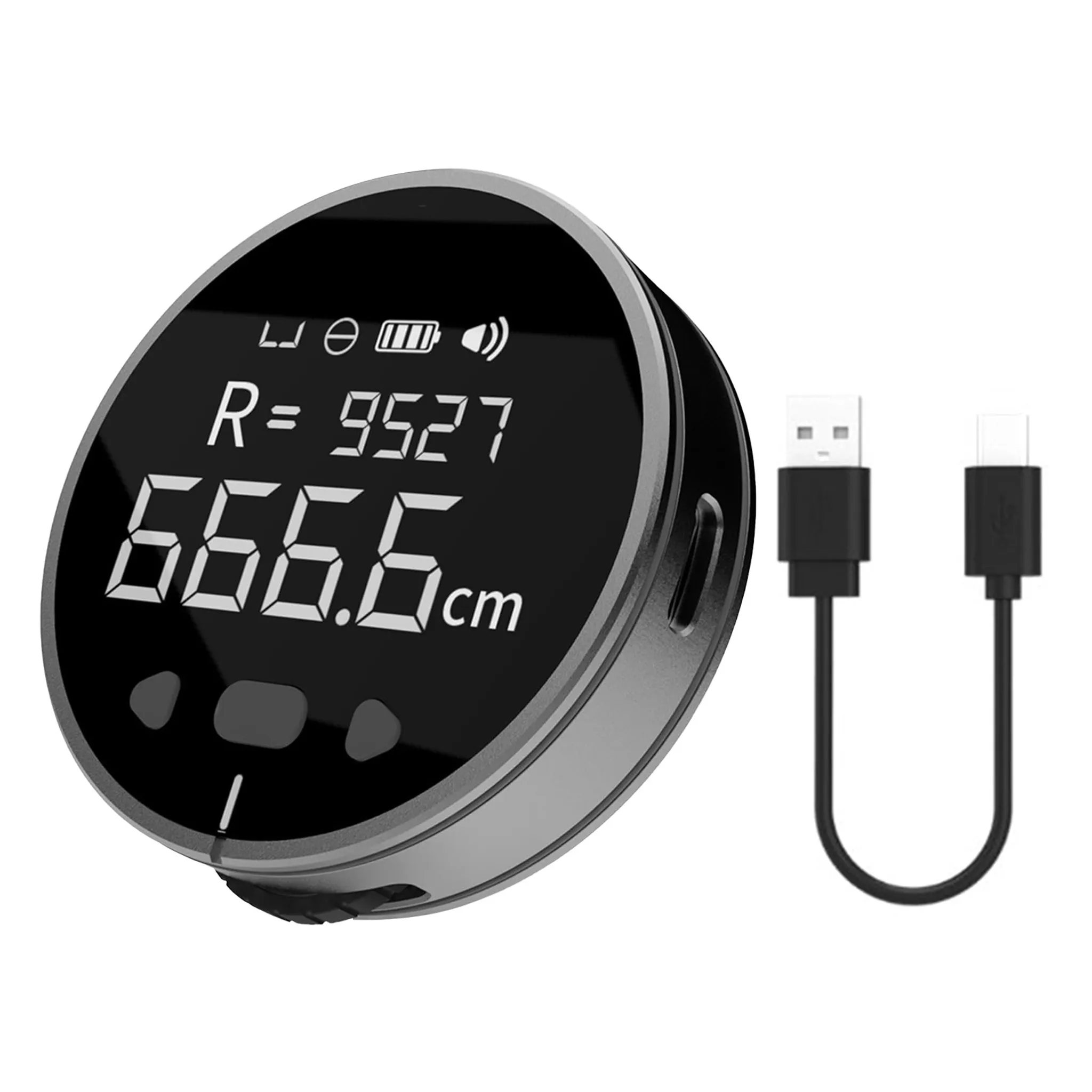 Ein rundes, schwarzes digitales Messgerät zeigt Zahlen an. Ein USB-Kabel befindet sich an der Seite.