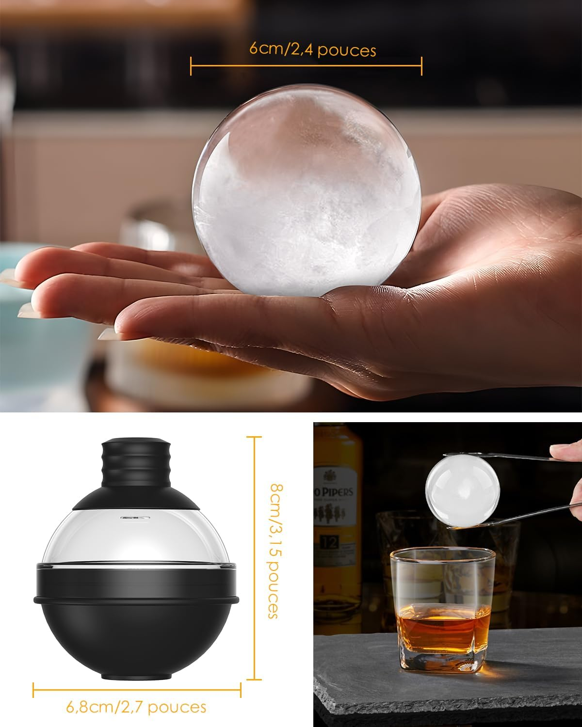 Eine Hand hält eine große, klare Eiskugel. Andere Bilder zeigen eine Eisform und ein Glas Whisky mit einer Eiskugel.