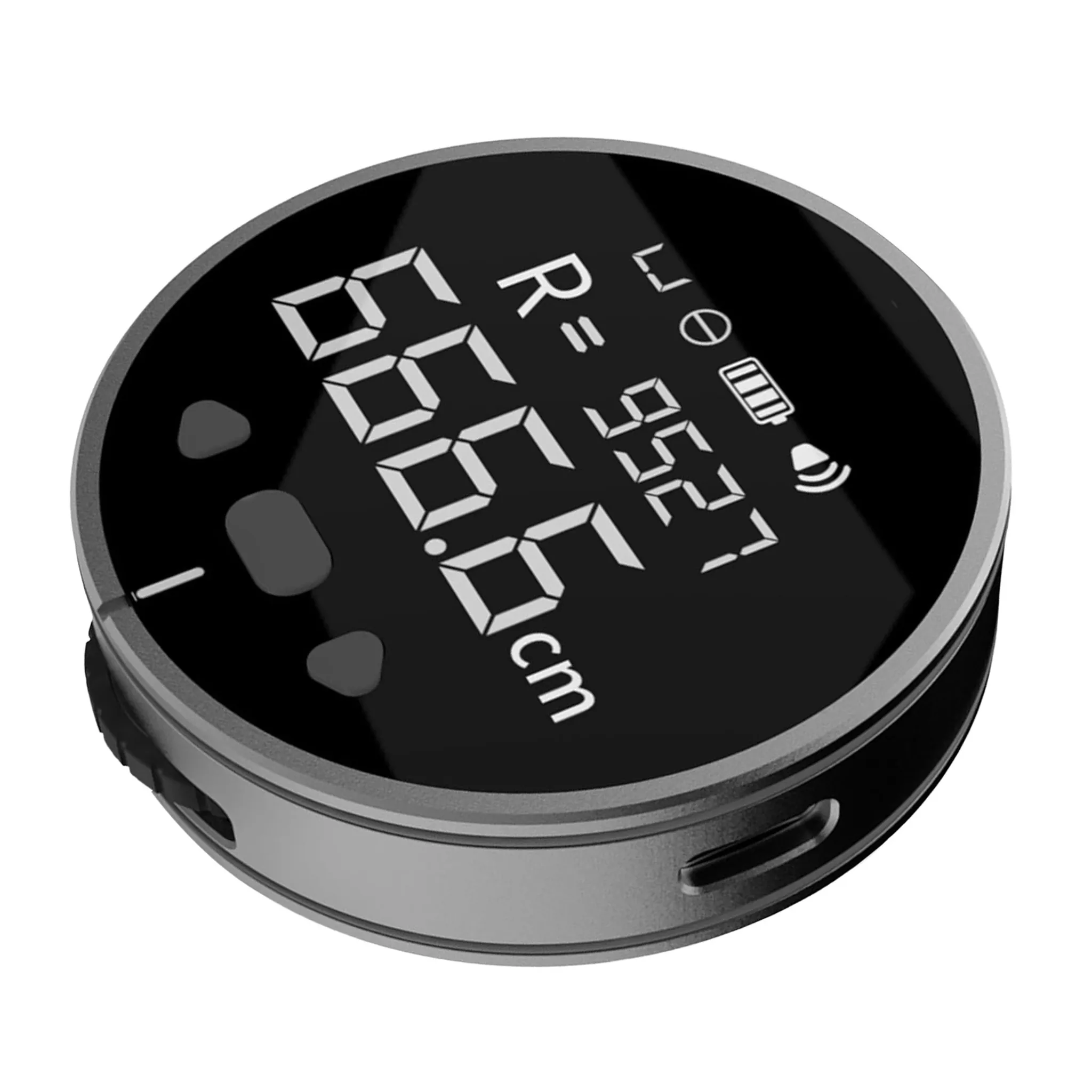 Ein rundes, schwarz-silbernes digitales Messgerät zeigt 66,0 cm, R= 952,7 an. Batterie- und Signal-Symbole sind sichtbar.