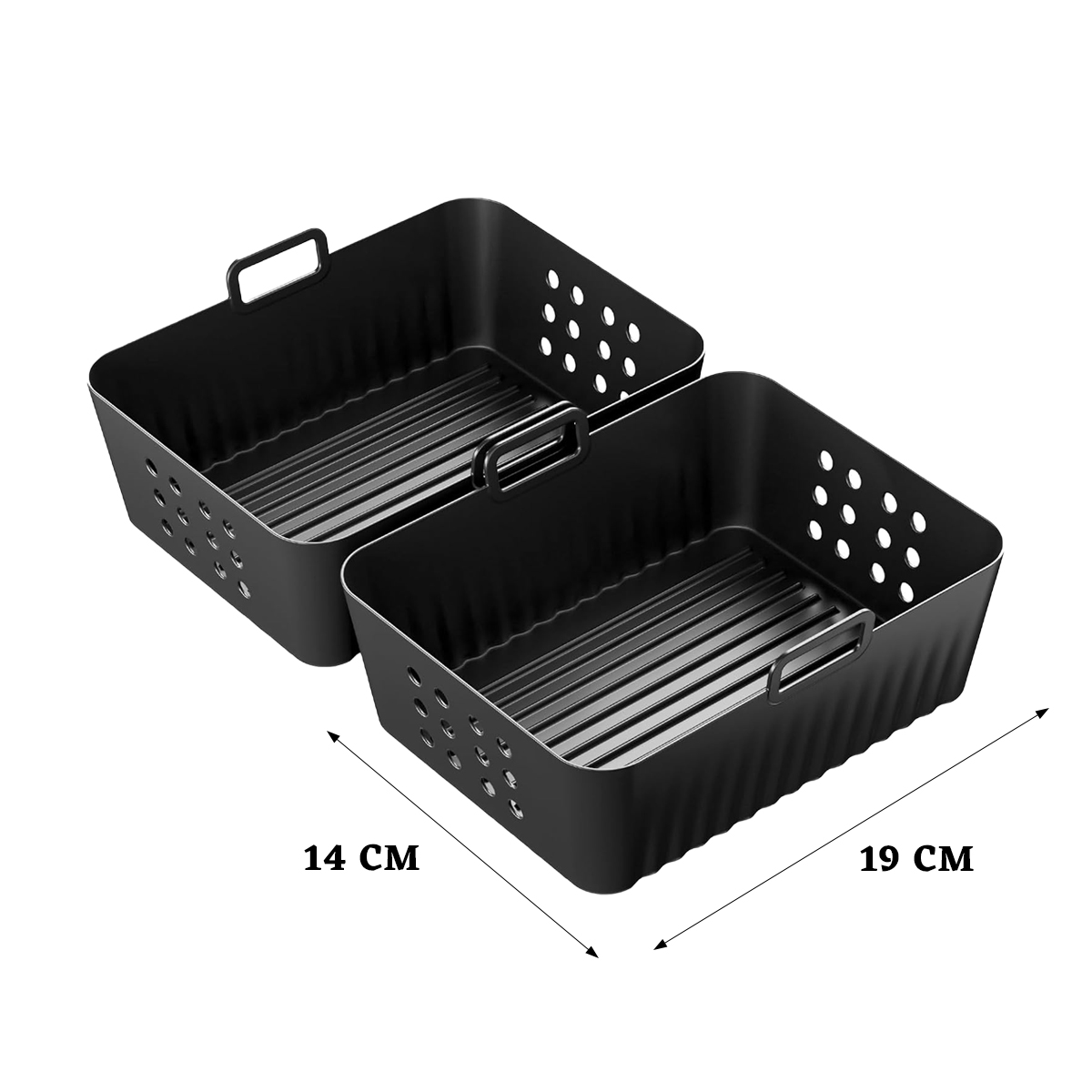 Zwei schwarze rechteckige Körbe mit Griffen und Löchern werden gezeigt. Die Maße sind 14 cm und 19 cm. Die Körbe sind auf weißem Hintergrund.