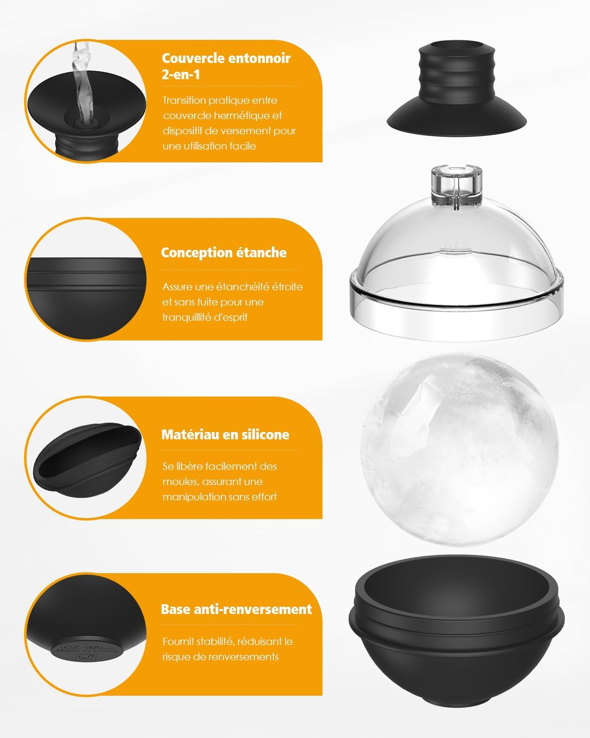 Zerlegter Eisballbereiter in Schwarz und Transparent. Teile umfassen Deckel, Trichter, Silikonform und Boden.