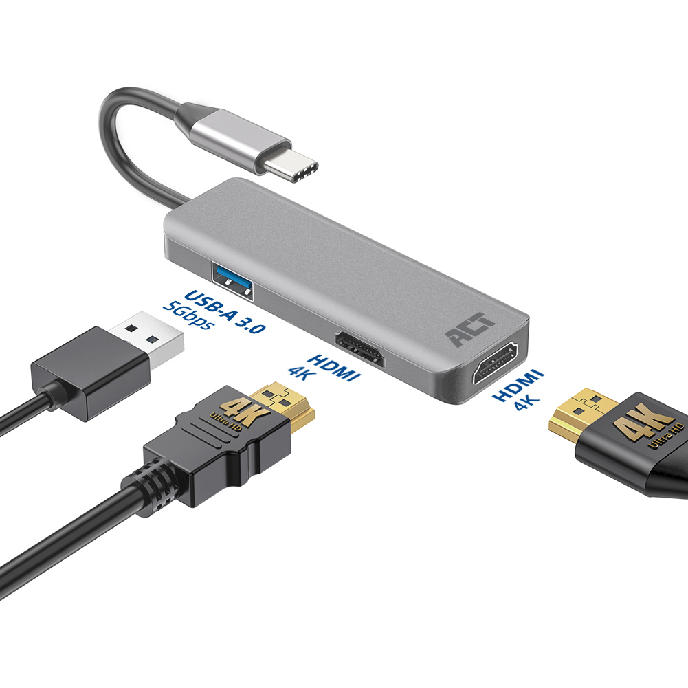 Un hub USB-C ACT grigio con porte HDMI e USB. Cavi con connettori USB e HDMI collegati, etichettati 4K Ultra HD.