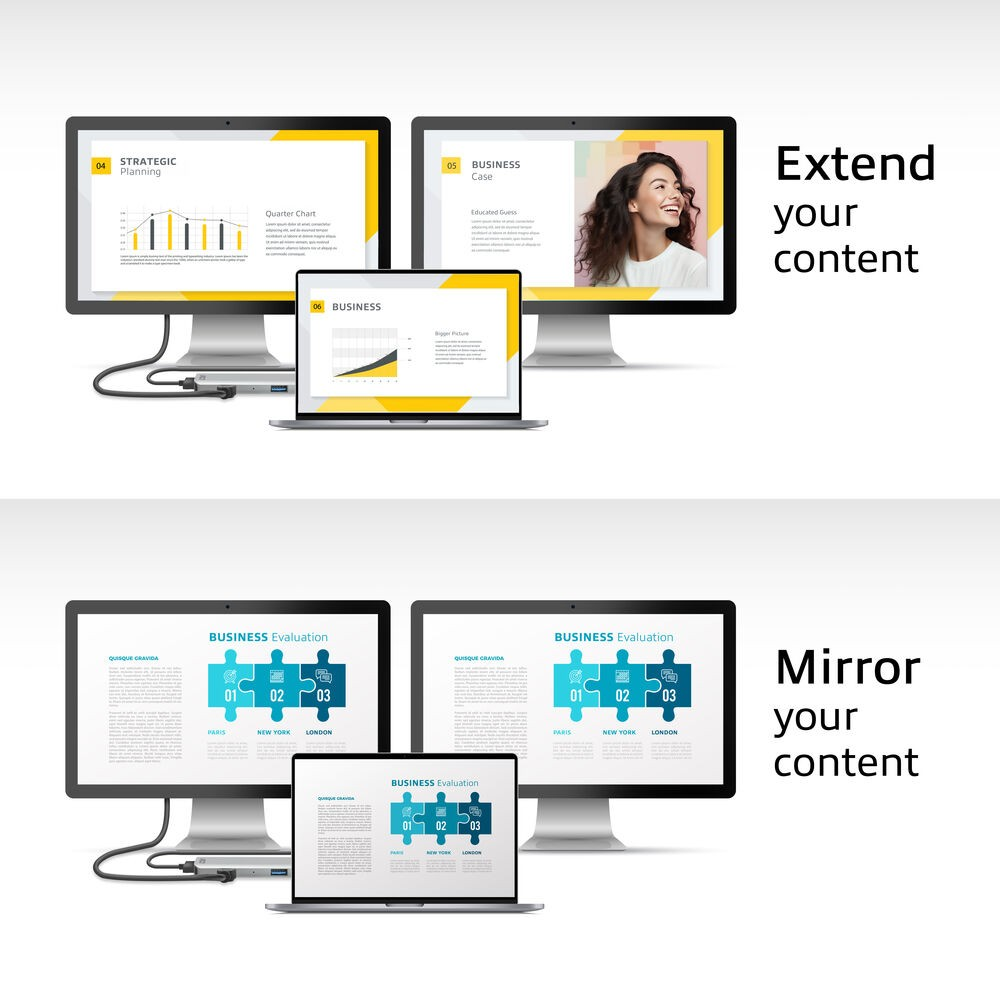 Due set di monitor e laptop mostrano contenuti aziendali. Uno estende il contenuto, l'altro lo rispecchia.