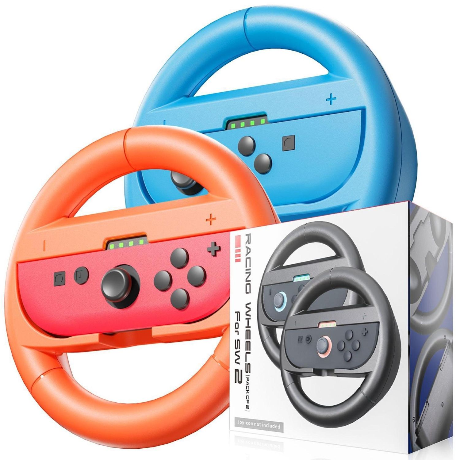 Drei Rennrad-Controller. Einer orange, einer blau und eine Box mit zwei grauen. Auf der Box steht 'Racing Wheels for SW 2'.
