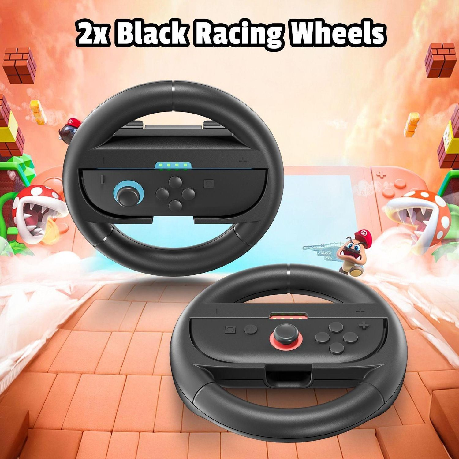 Zwei schwarze Rennräder mit Gamecontrollern. Mario-Hintergrund mit Blöcken und Charakteren. Orange und Rot dominieren.