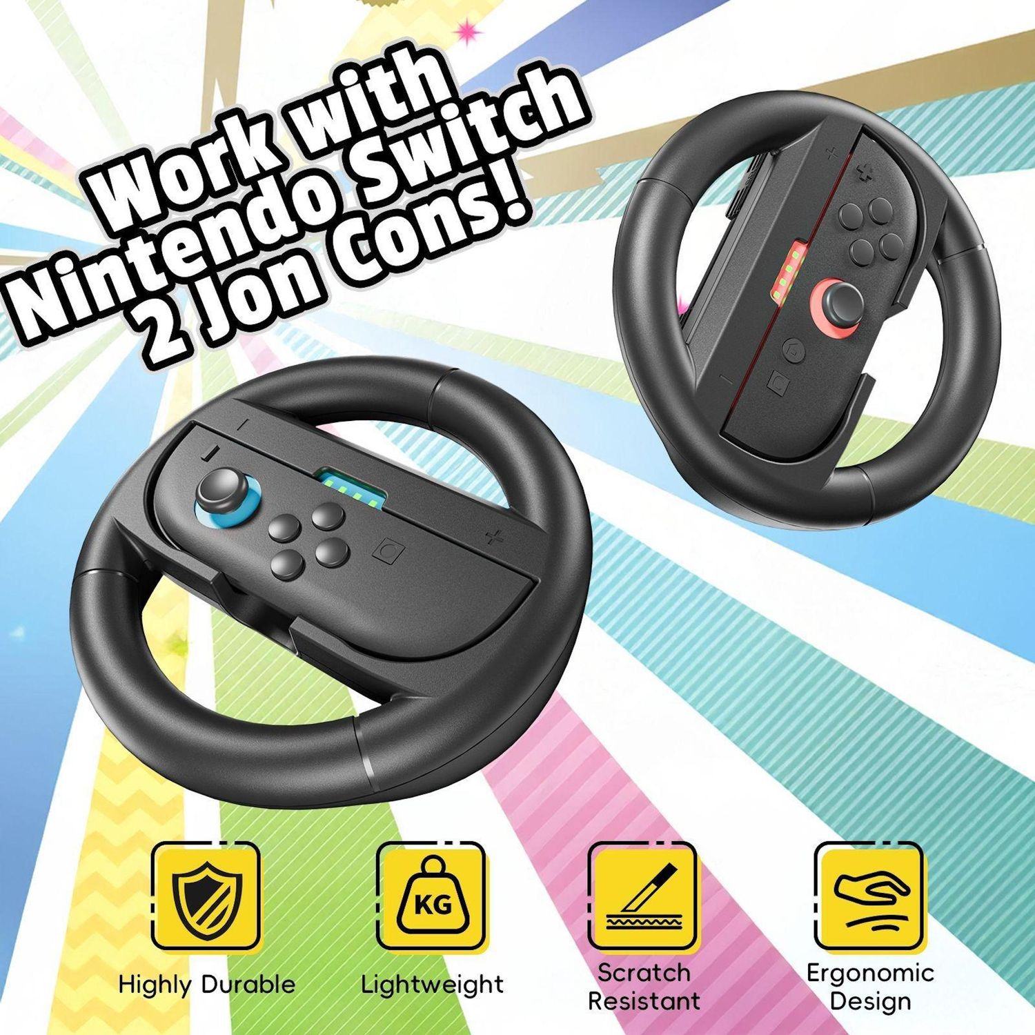 Zwei schwarze Nintendo Switch Joy-Con Lenkradaufsätze. Text sagt: 'Arbeiten Sie mit Nintendo Switch 2 Jon Cons!' und hebt Funktionen hervor.