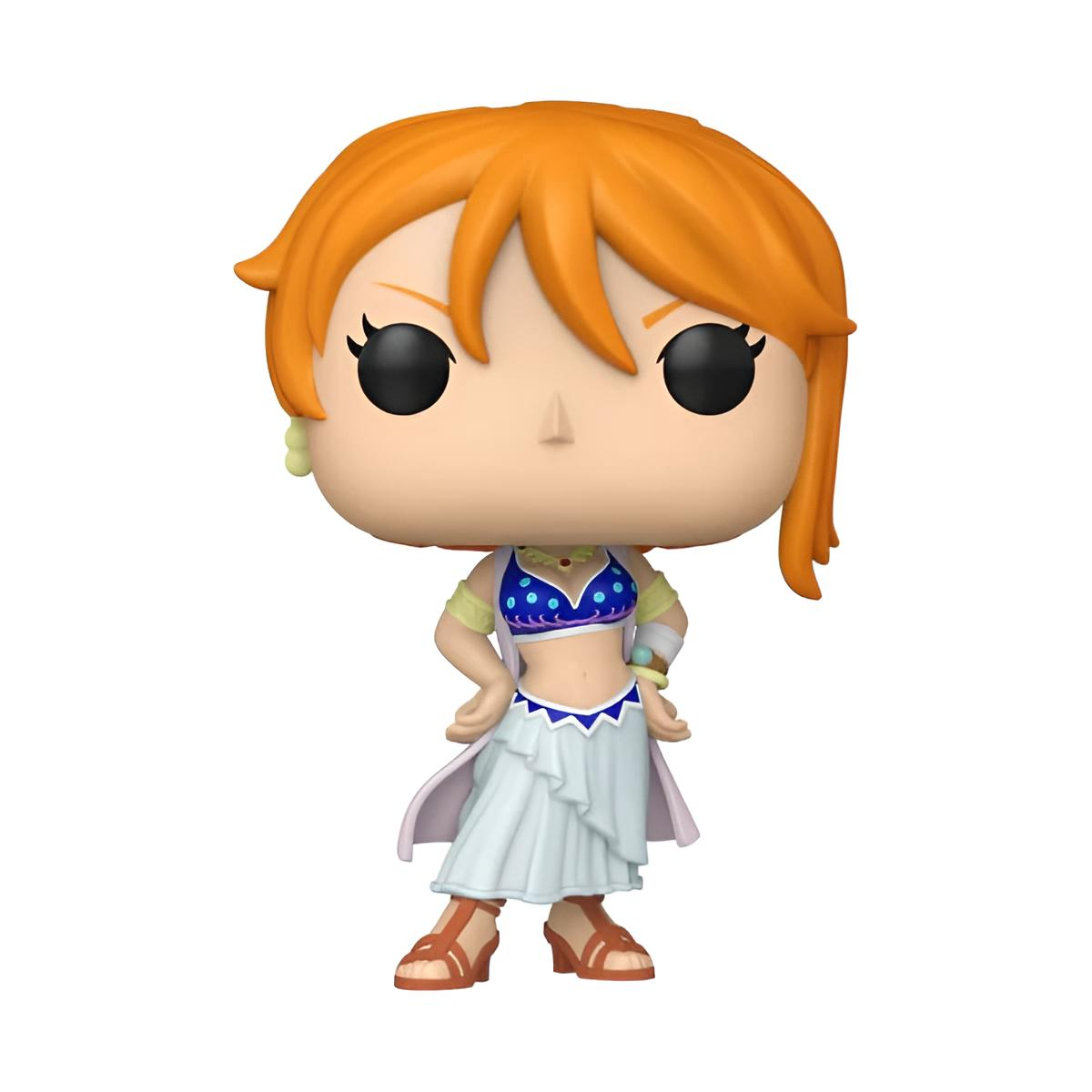 Figurka Funko Pop Nami z One Piece. Ma pomarańczowe włosy, niebieski top, białą spódnicę i brązowe sandały, ręce na biodrach.