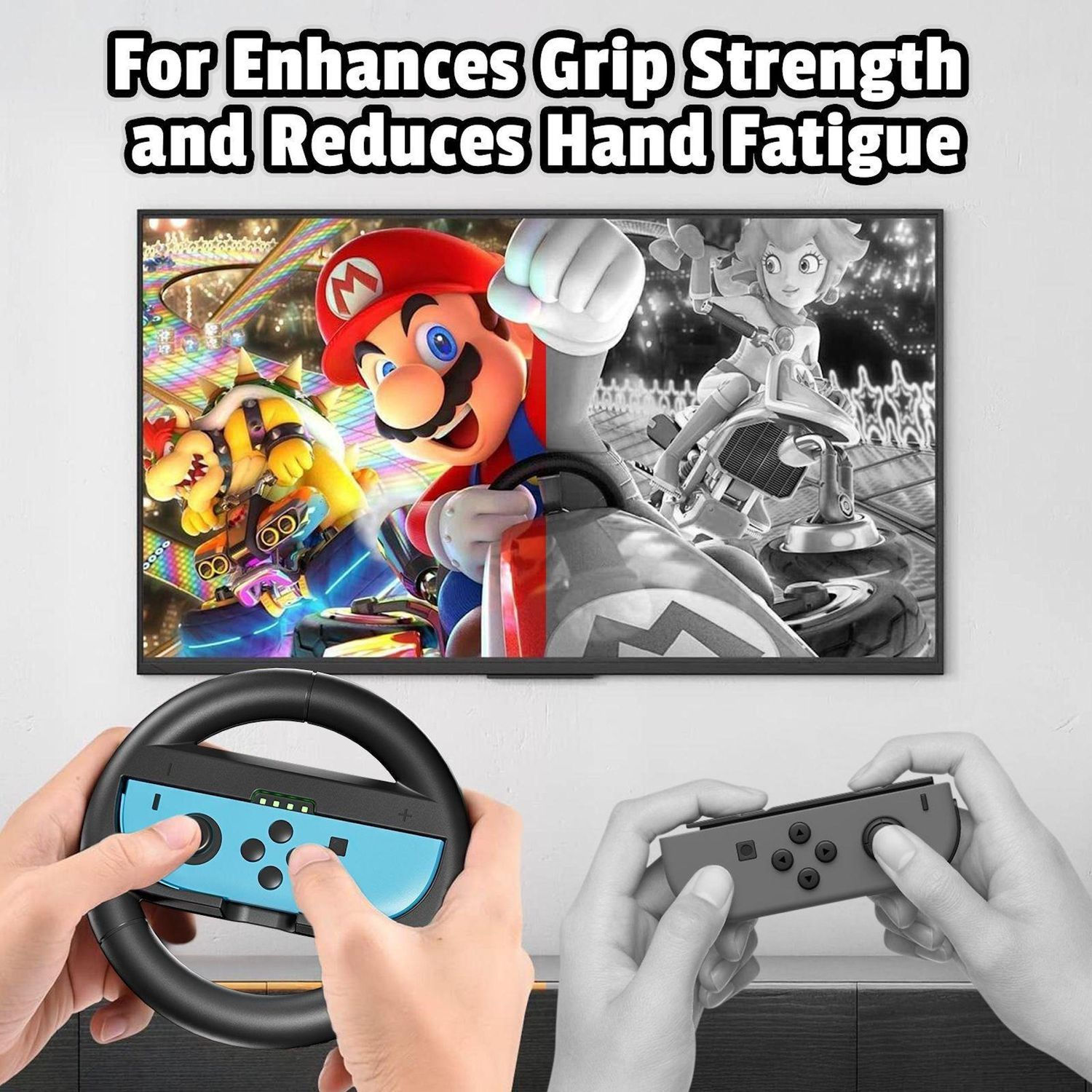 Das Bild zeigt Hände, die ein Lenkrad und einen Controller halten. Ein Fernseher zeigt eine Mario Kart-Szene. Text-Overlay lautet 'Verbessert die Griffkraft'.