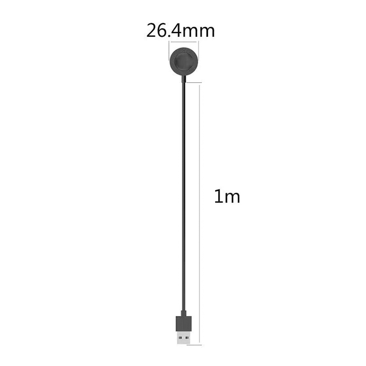 Ein schwarzes Smartwatch-Ladegerät, 1 m lang, mit USB-Anschluss unten und rundem Lade-Pad oben.