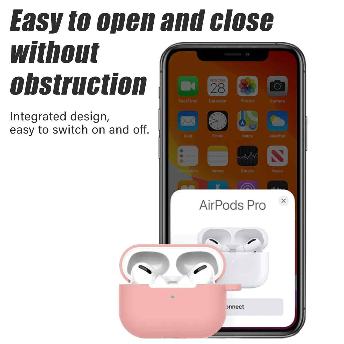 Das Bild zeigt ein iPhone mit AirPods Pro. Im Vordergrund befindet sich ein rosa Etui mit AirPods. Text: Einfach zu öffnen und zu schließen, integriertes Design.