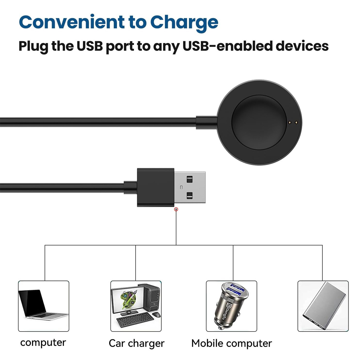 Schwarzes Uhrenladegerät mit USB-Stecker. Zeigt Lademöglichkeiten: Computer, Autoladegerät, Mobilcomputer und Tablet.