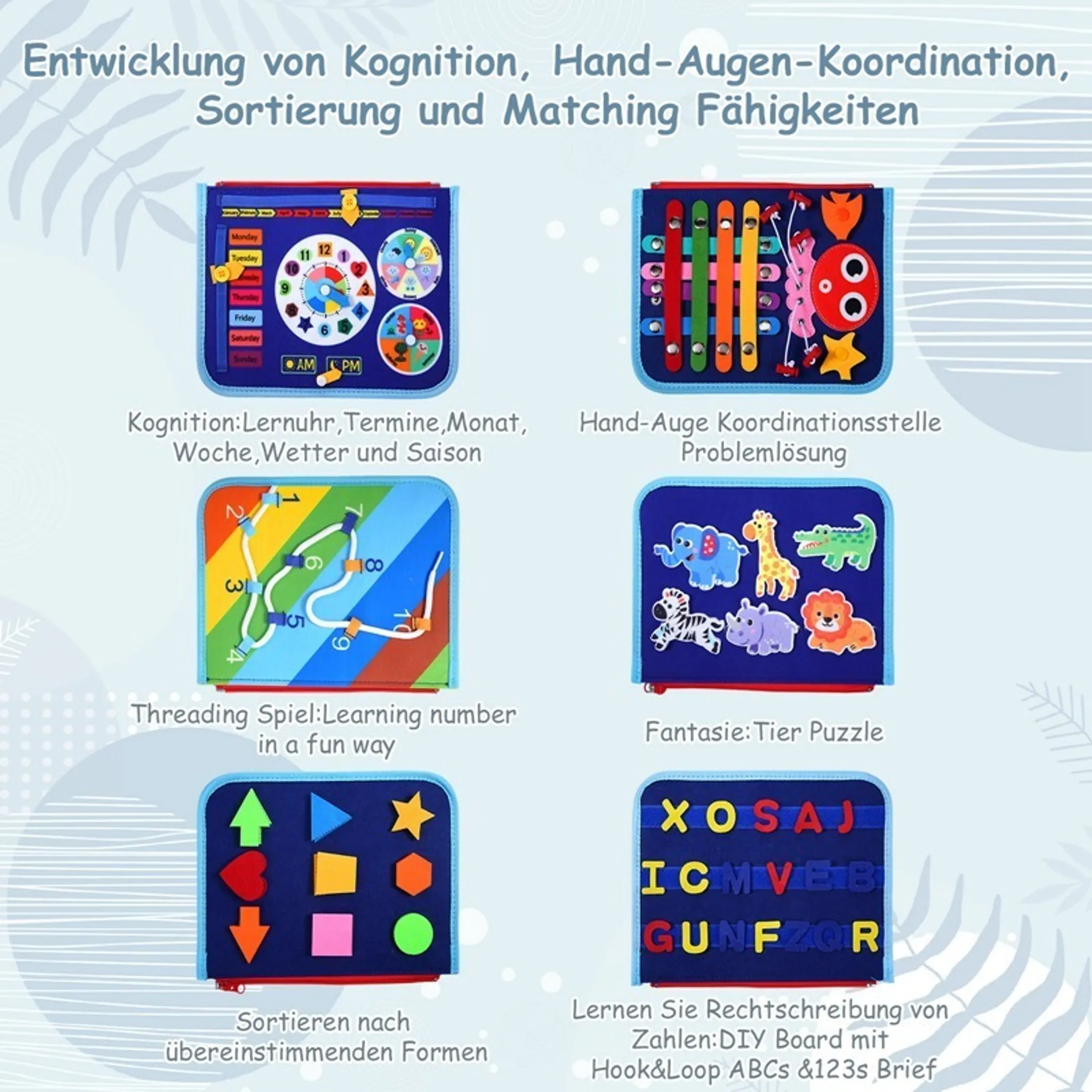Lehrspielzeuge mit verschiedenen Aktivitäten. Enthält Uhr, Zahlenverfolgung, Tierpuzzle, Formensortierung und Buchstabenbrett.