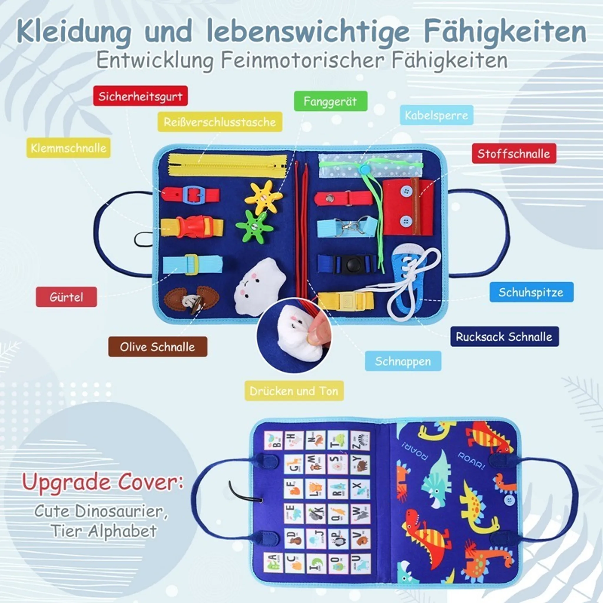 Ein Kinder-Aktivitätsbrett mit Schnallen, Reißverschlüssen und Dinosaurier-Illustrationen zum Üben der Feinmotorik.