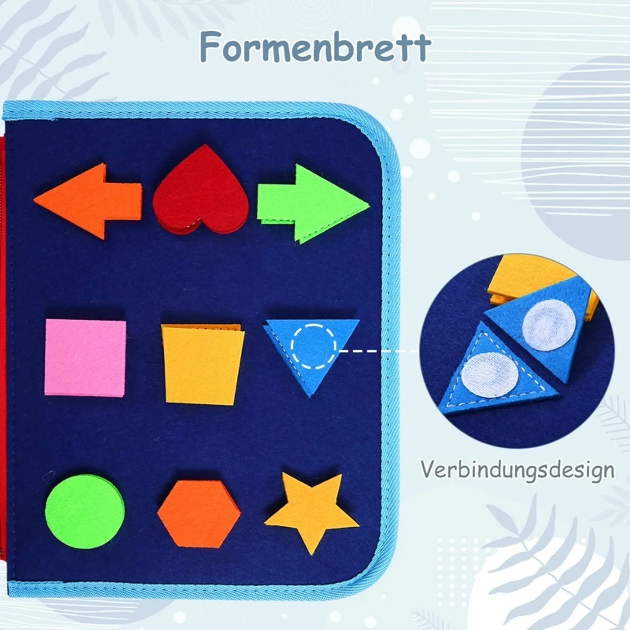 Ein Filzbrett mit verschiedenen Formen in verschiedenen Farben. Ein blauer Kreis zeigt Dreiecke mit Klettverschluss.