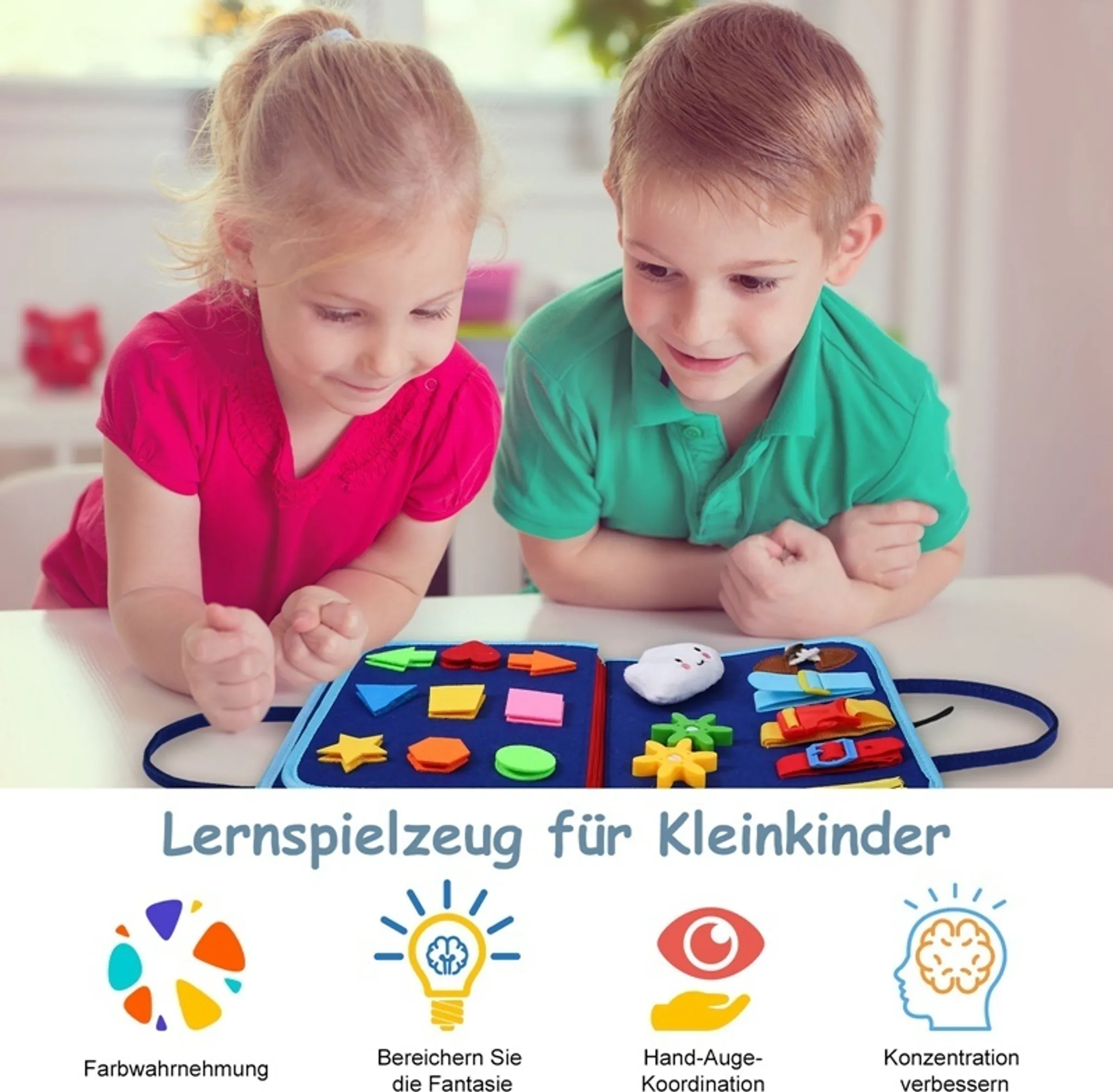 Zwei Kinder betrachten ein blaues Filz-Aktivitätsbrett mit bunten Formen und Objekten. Text unten: 'Lernspielzeug für Kleinkinder'.