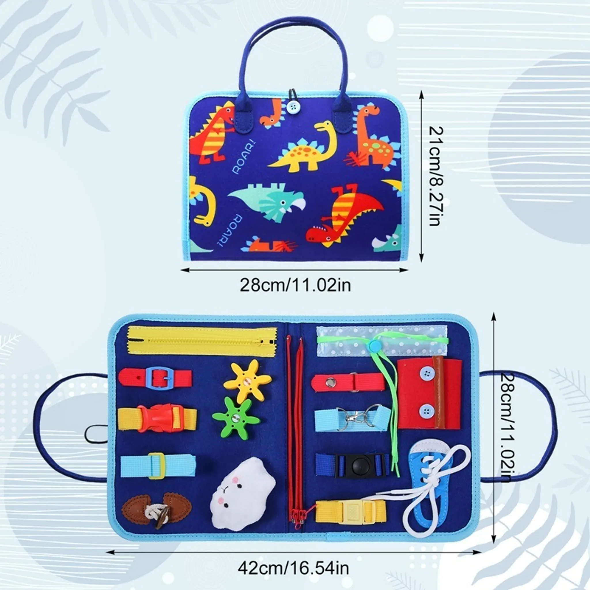 Eine blaue Spielzeugtasche mit Dinosaurier-Motiv, Griff und Aktivitätstafeln mit Reißverschlüssen, Schnallen und Schnürsenkeln.