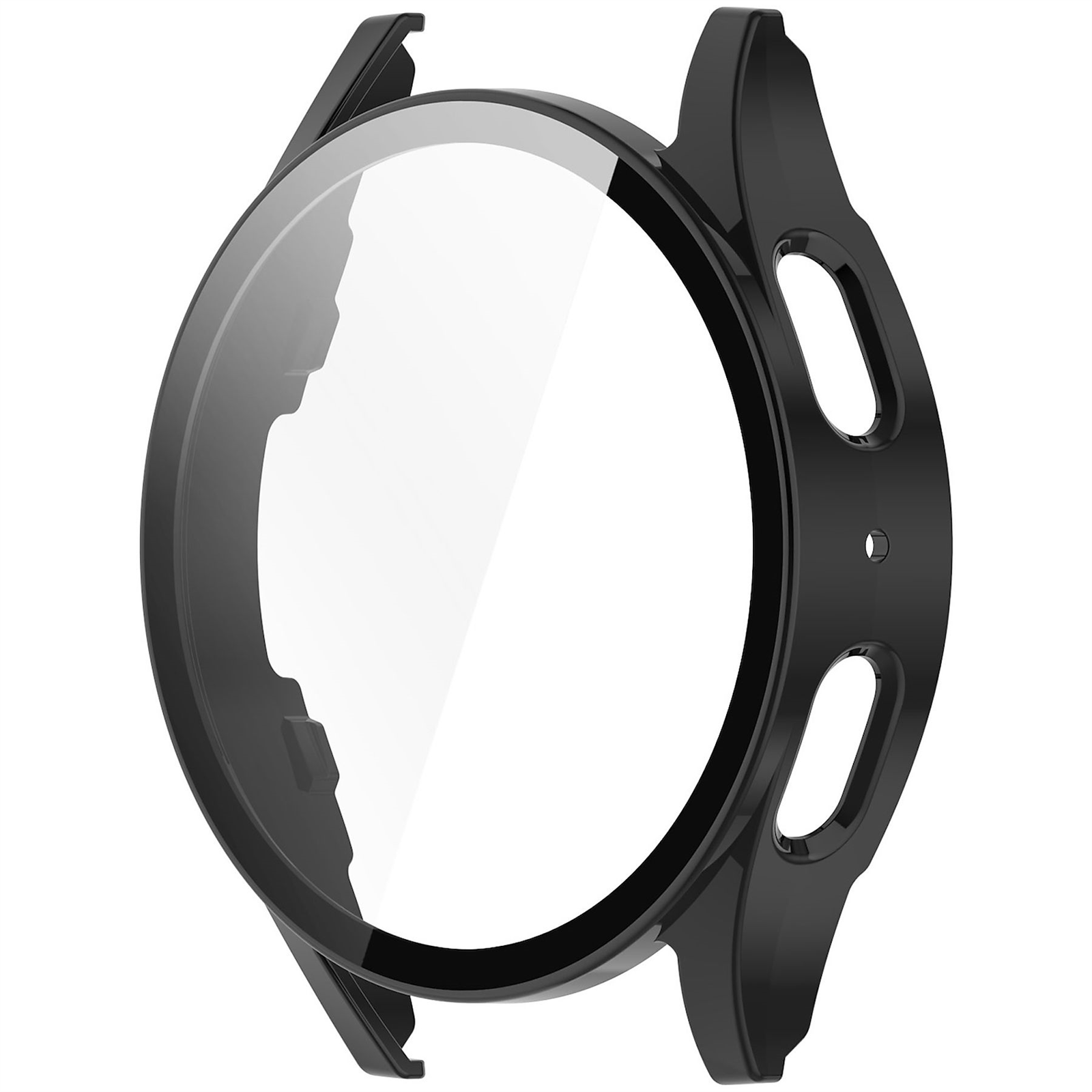 Schwarzes Uhrengehäuse mit klarem, kreisförmigem Displayschutz. Mit Aussparungen für Knöpfe und geschwungenem Design.