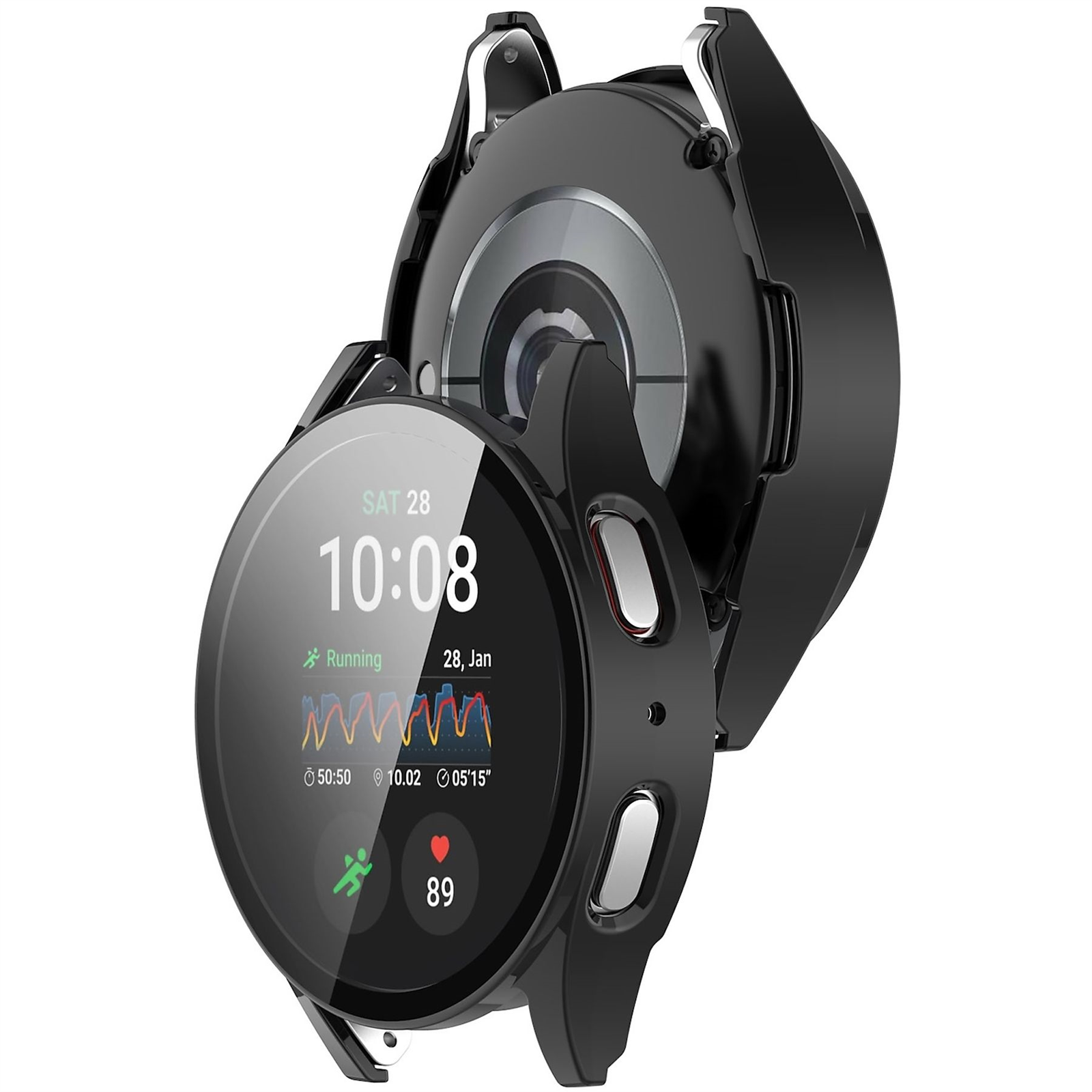 Schwarze Smartwatch mit Schutzhülle. Das Display zeigt Zeit, Datum und Laufmetriken an. Enthält Uhr- und Gehäusedetails.