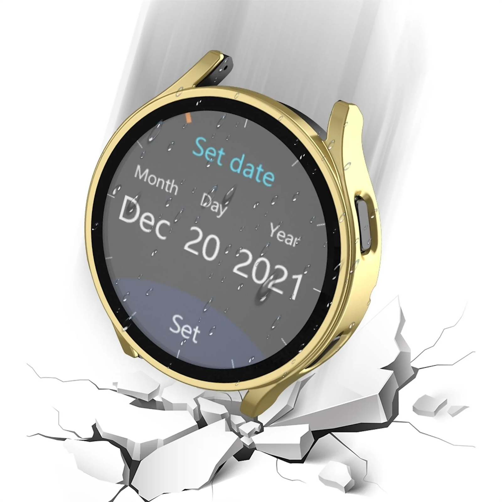 Goldene Smartwatch mit Datum 20. Dez. 2021, Option Datum einstellen. Risse in weißer Oberfläche.