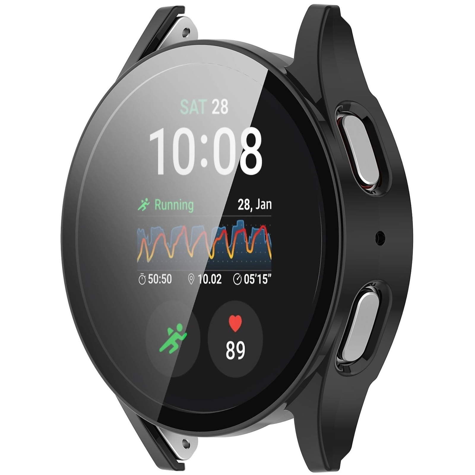 Eine schwarze Smartwatch zeigt Zeit, Laufdaten und Herzfrequenz an. Sie zeigt Datum und Uhrzeit sowie ein Laufdiagramm.