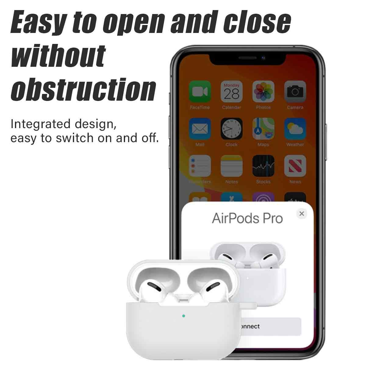 Das Bild zeigt ein iPhone mit AirPods Pro. Das Telefon hat Apps sichtbar. Das AirPods Pro-Etui ist geöffnet und zeigt die Ohrhörer.