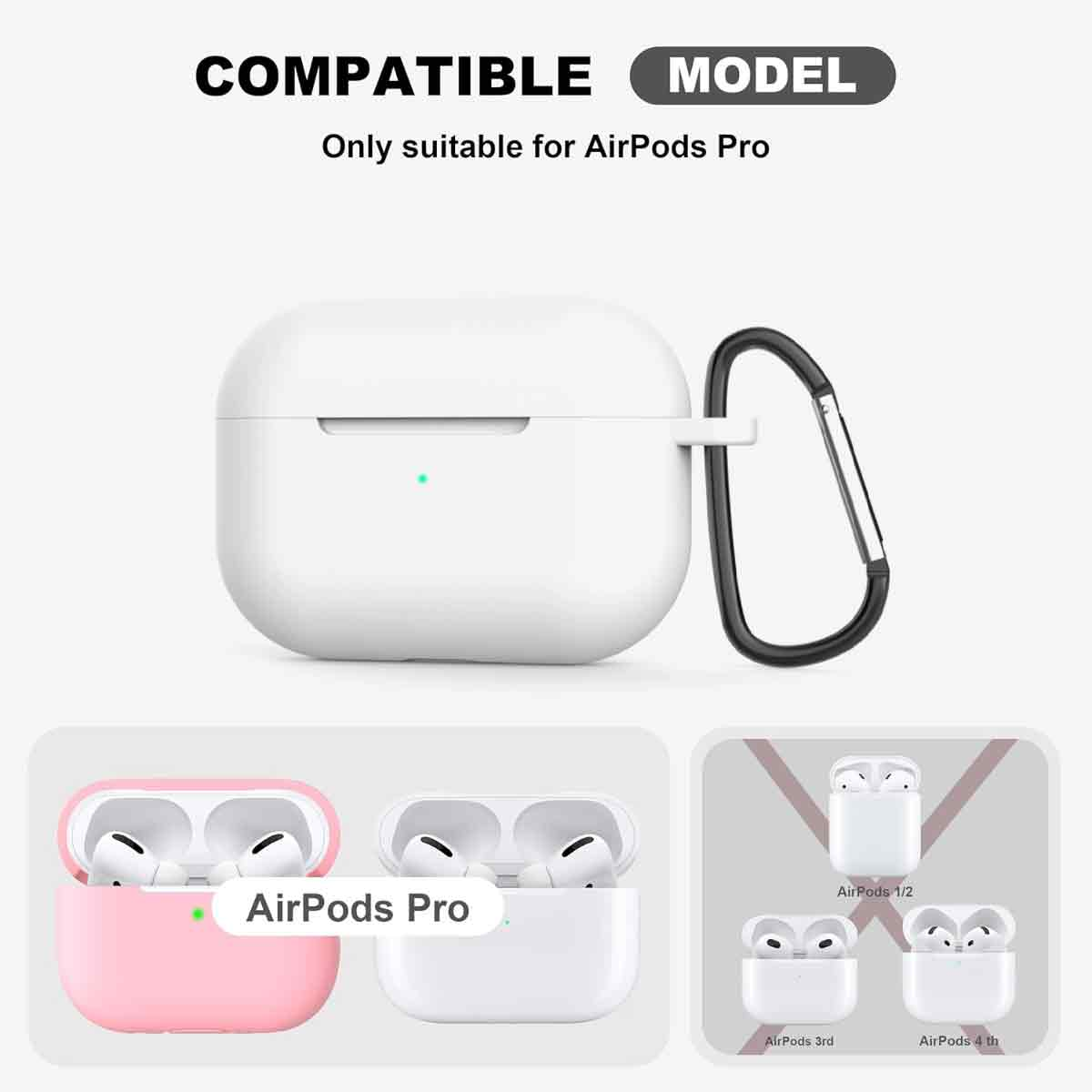 Eine weiße AirPods Pro-Hülle mit schwarzem Karabiner, Text 'COMPATIBLE MODEL' und Beispiele für AirPods-Modelle.