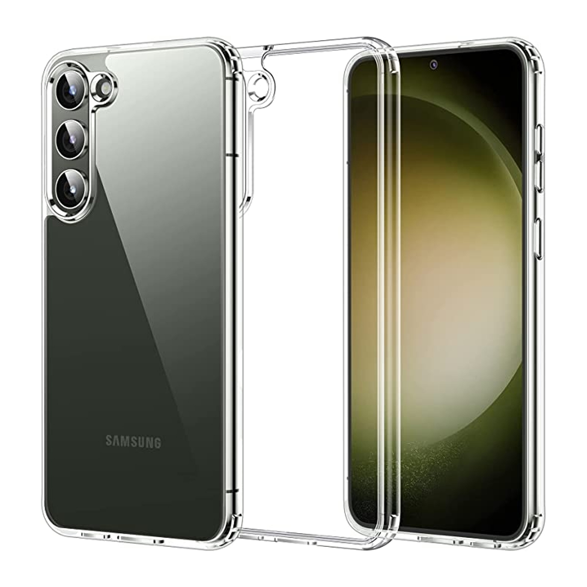Transparente Handyhülle. Samsung-Telefon in einer transparenten Hülle. Die Hülle ist transparent. Der Bildschirm ist sichtbar.