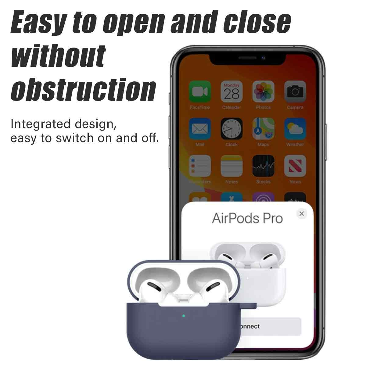 Ein Telefon zeigt AirPods Pro. Darunter ein dunkelblaues Etui mit weißen Ohrhörern. Der Text lautet: 'Einfaches Öffnen und Schließen ohne Behinderung'.