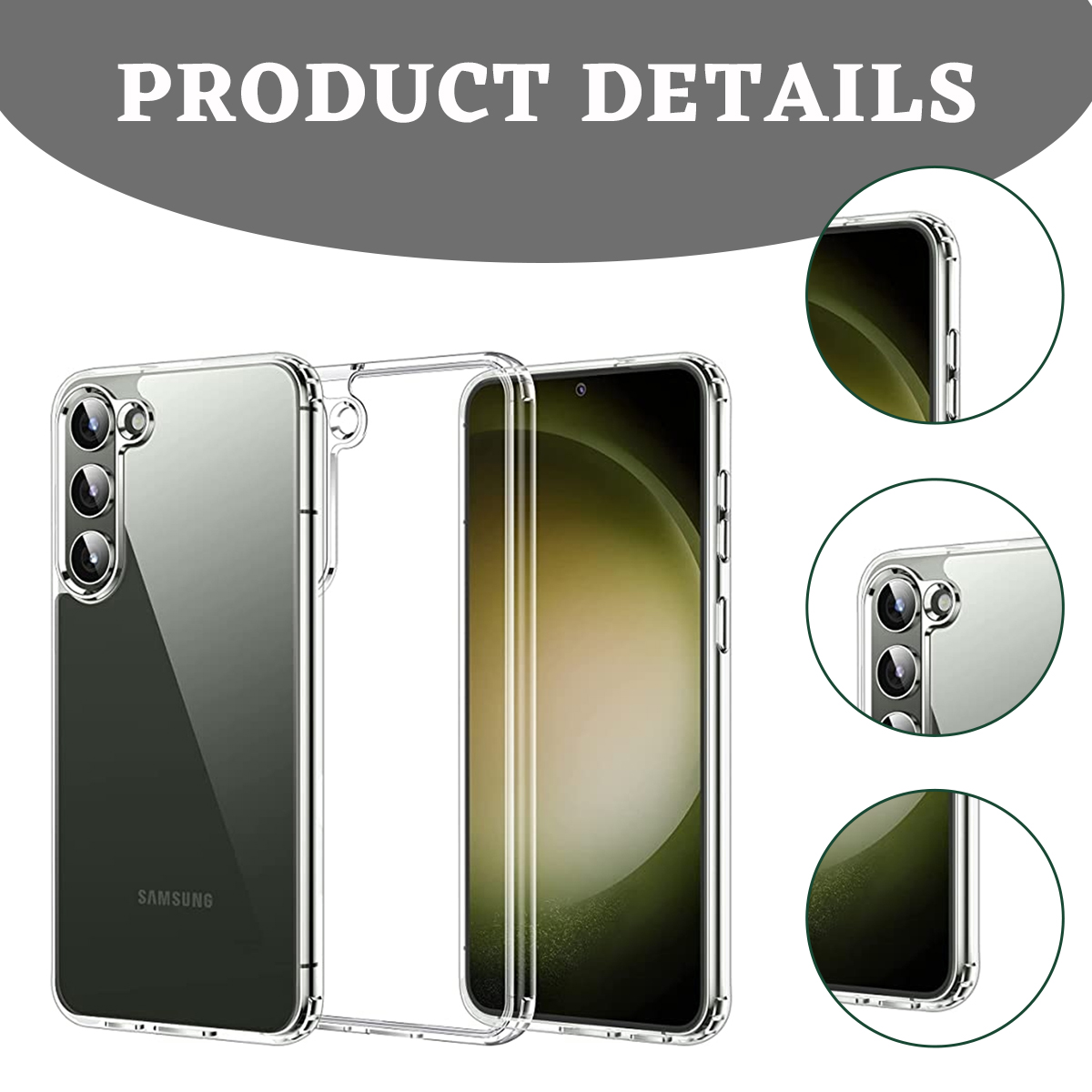 Transparente Handyhülle mit Telefon. Die Hülle ist durchsichtig. Produktdetails werden im Hintergrund gezeigt.
